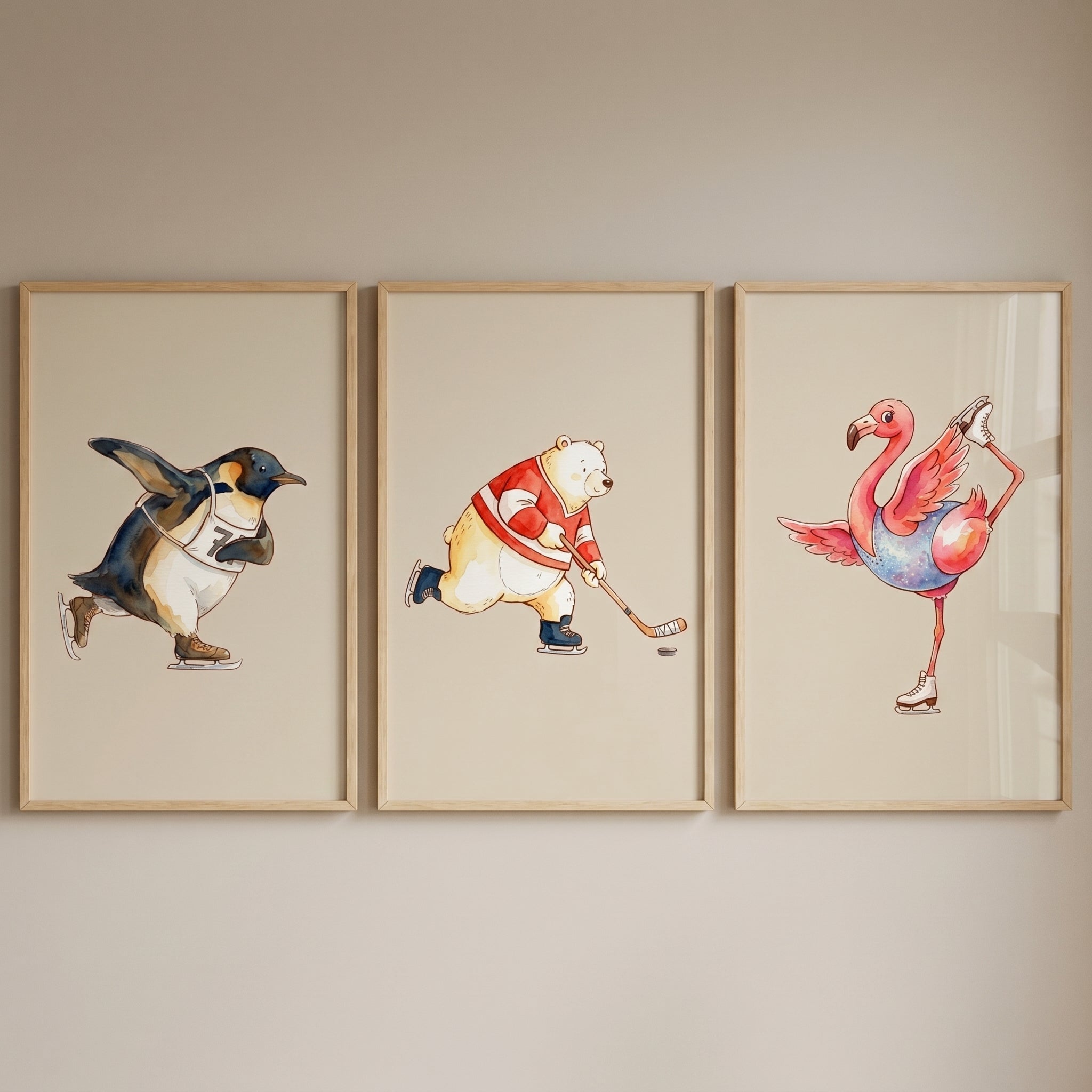 Whimsical Watercolor Skating Animals Wall Art Set of 3 - Whimsical Winter Skaters