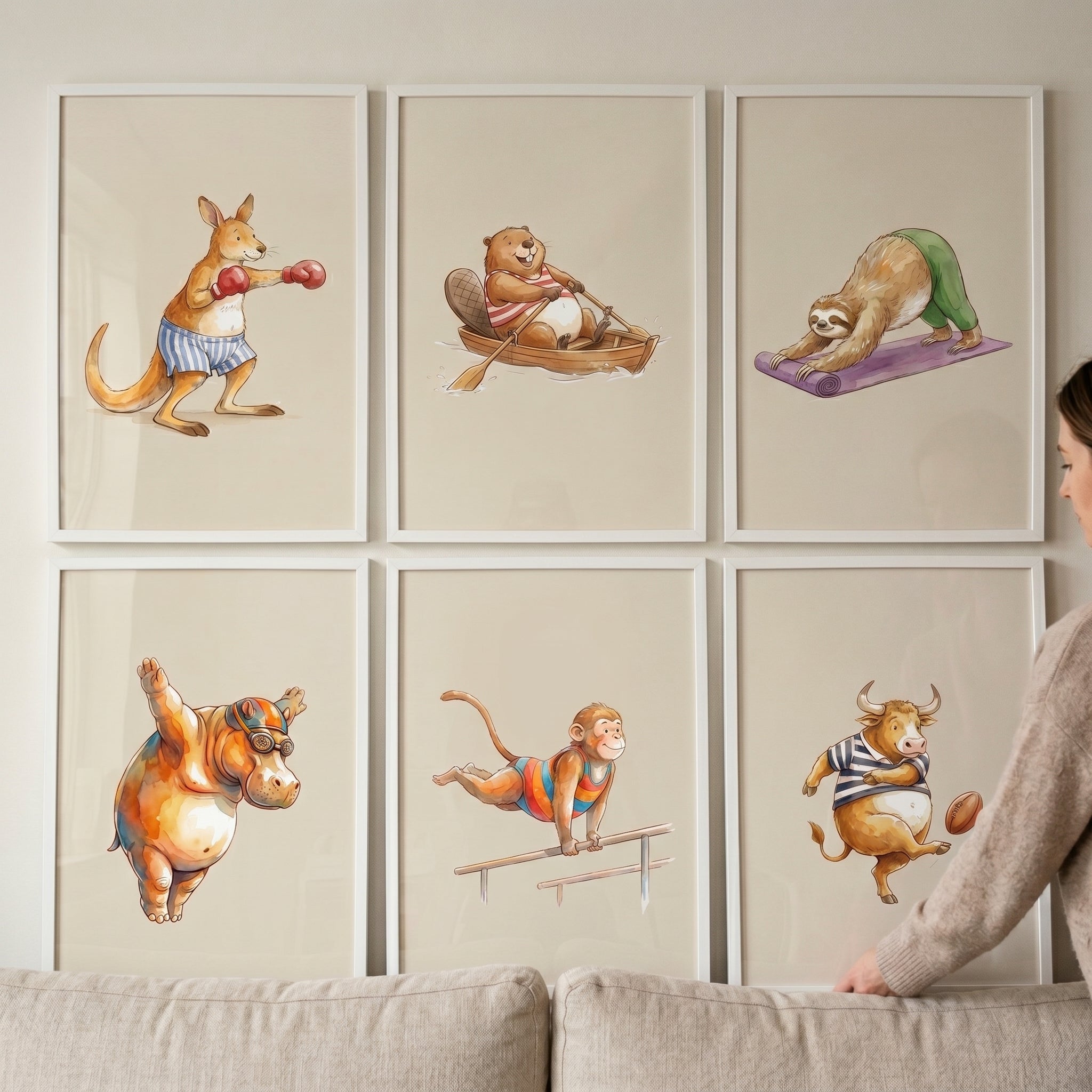 Whimsical Watercolor Sports Animals Wall Art Set of 6 - Whimsical Animal Athletes