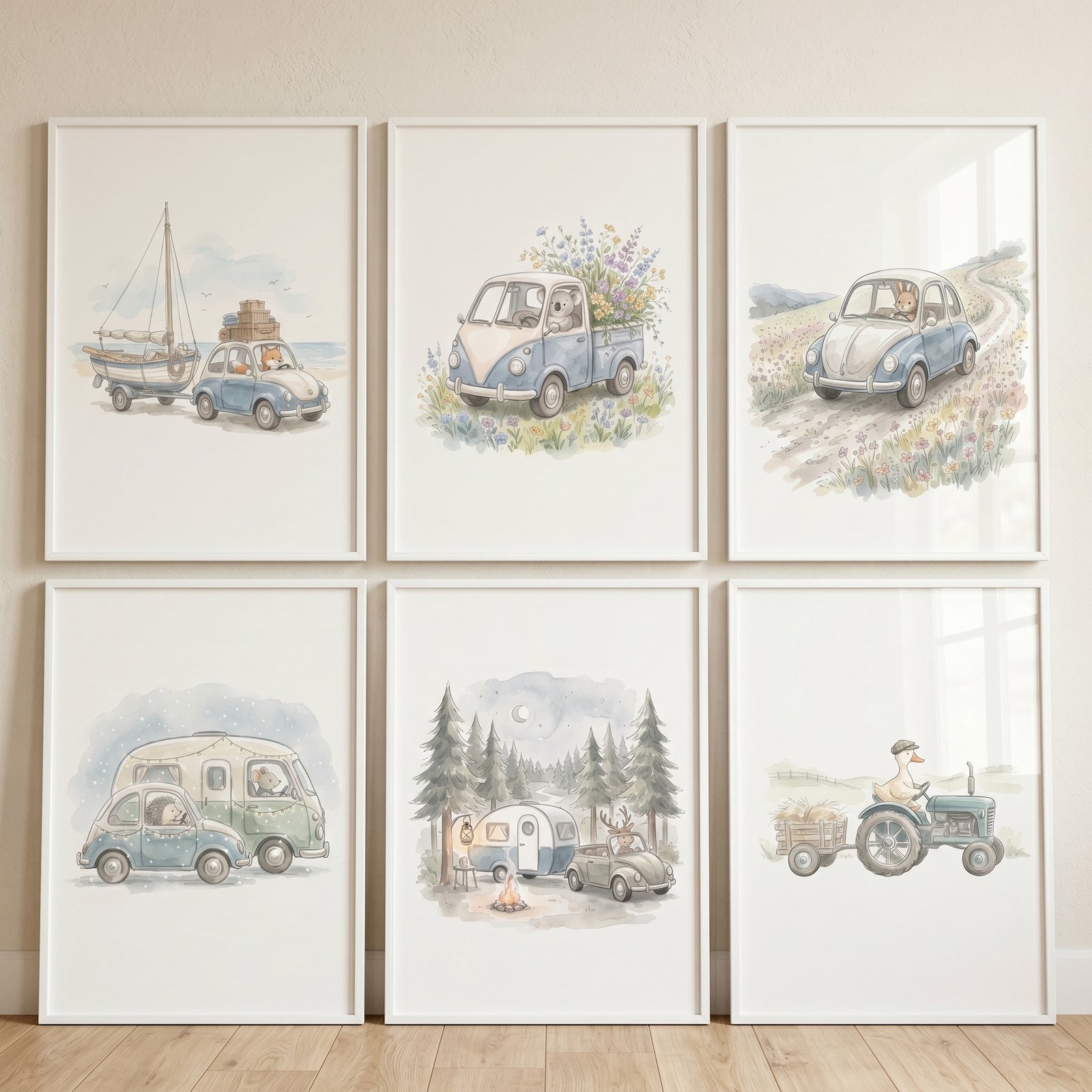 Whimsical watercolor traveler animal wall art set of 6 showing animals in vintage vehicles, campers, a boat, and a tractor.