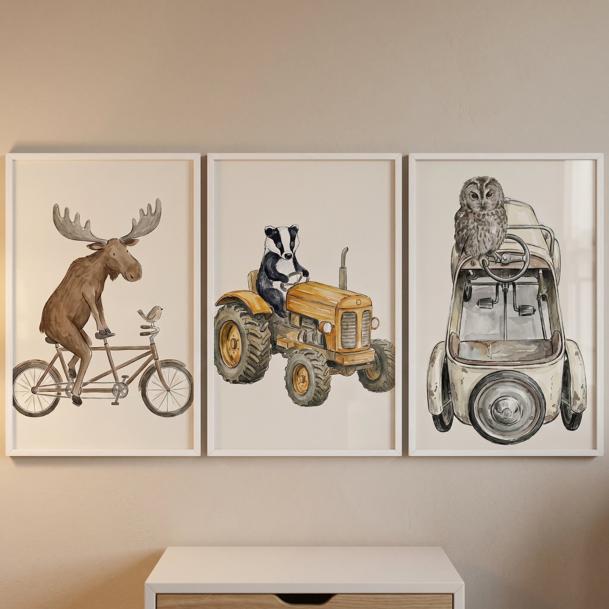 Whimsical Watercolor Traveling Animals Wall Art Set of 3 - Woodland Joy Ride