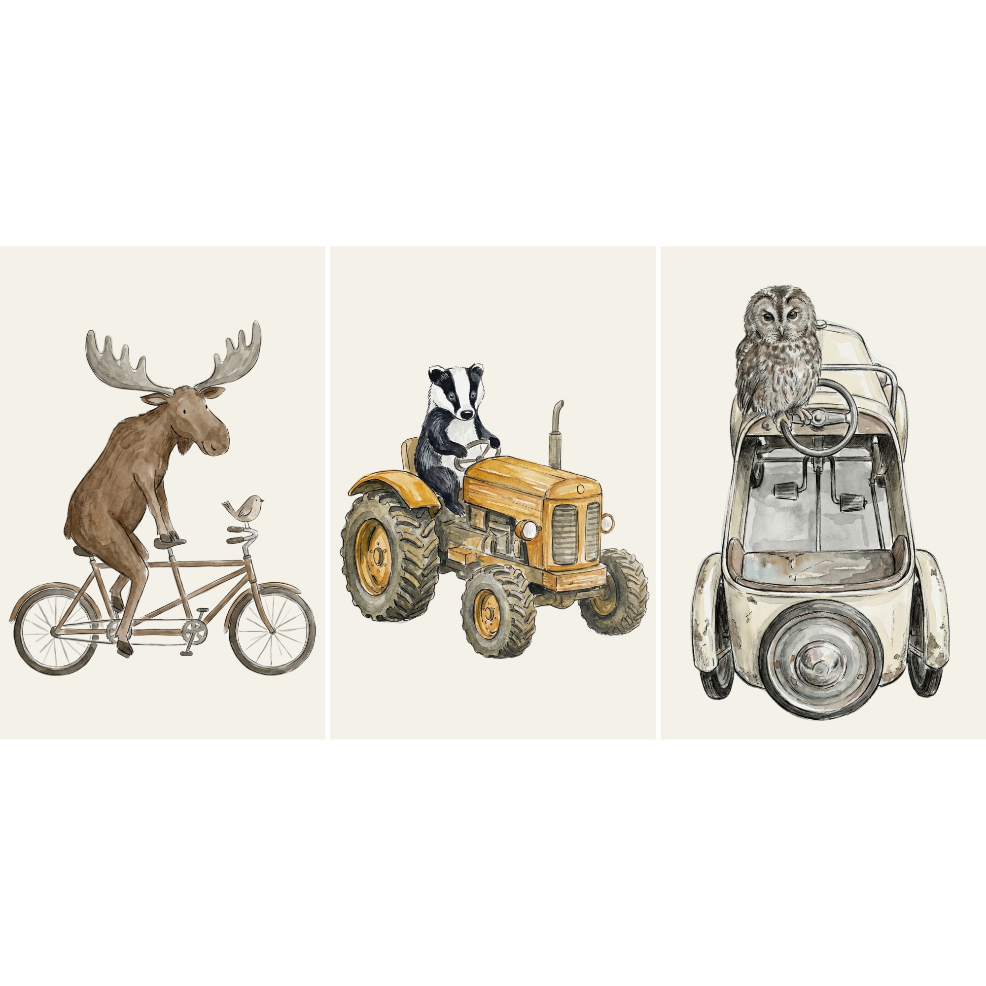 Whimsical Watercolor Traveling Animals Wall Art Set of 3 - Woodland Joy Ride