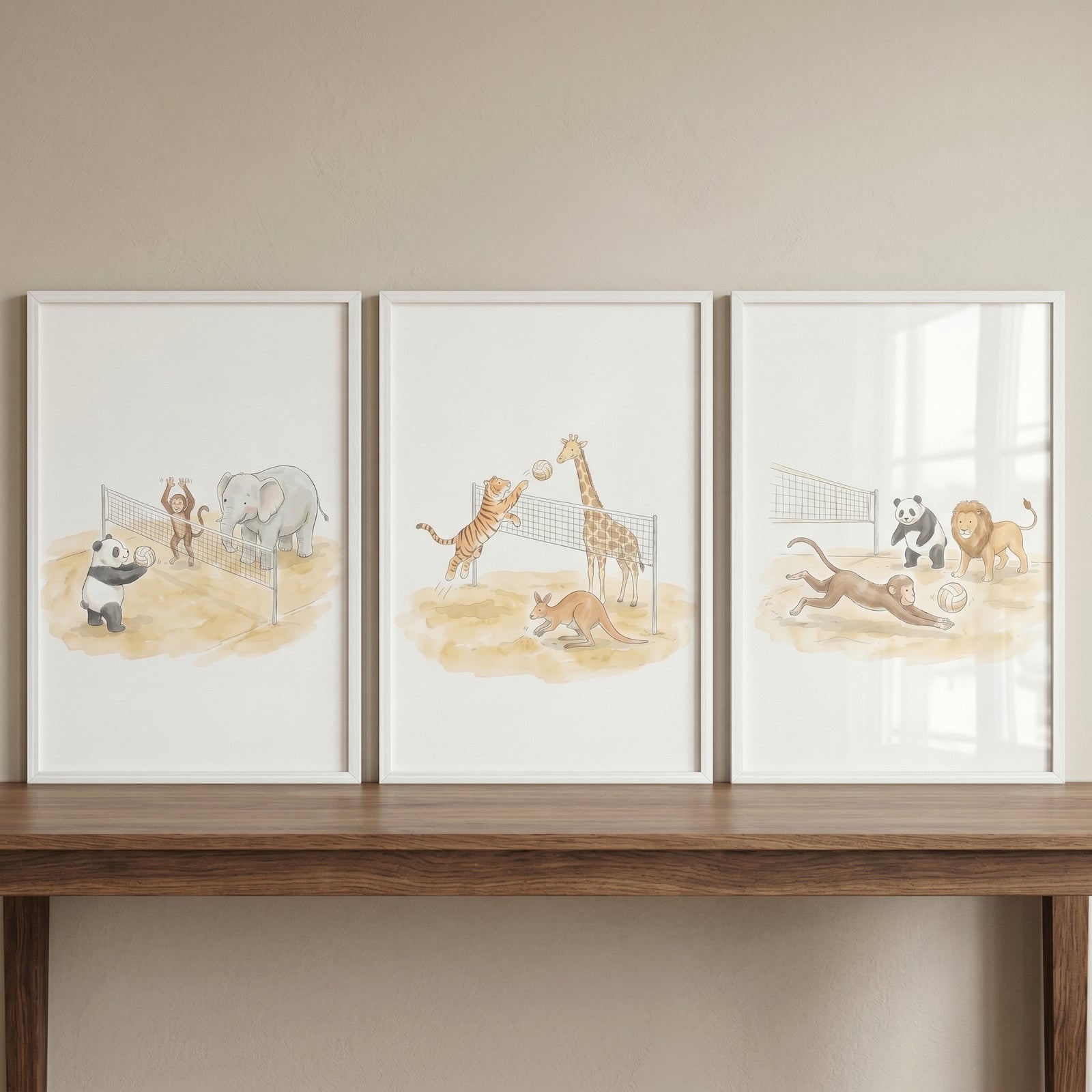 Whimsical watercolor volleyball animals wall art set of 3 shows framed prints of zoo animals playing beach volleyball.