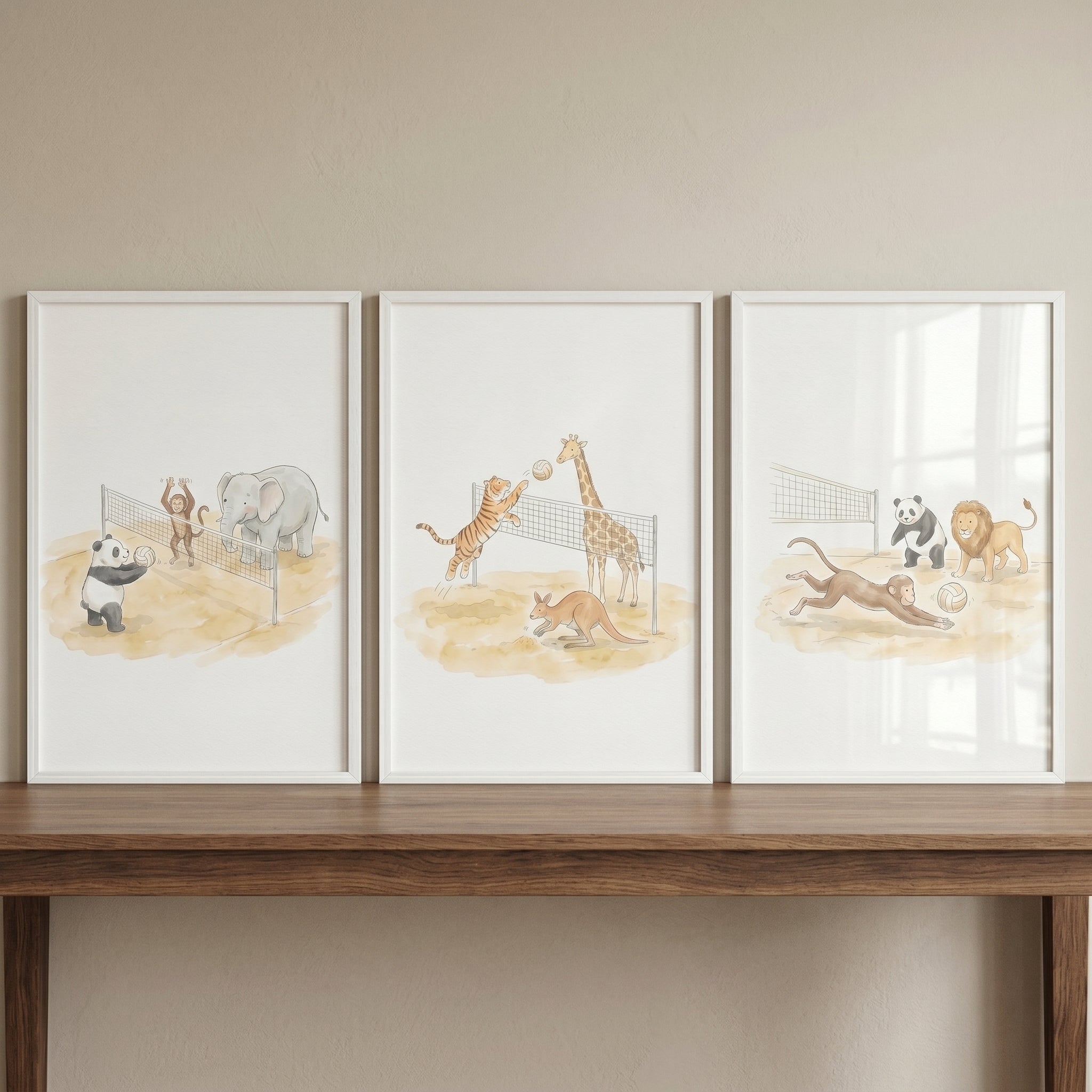 Whimsical Watercolor Volleyball Animals Wall Art Set of 3 - Safari Sports Games