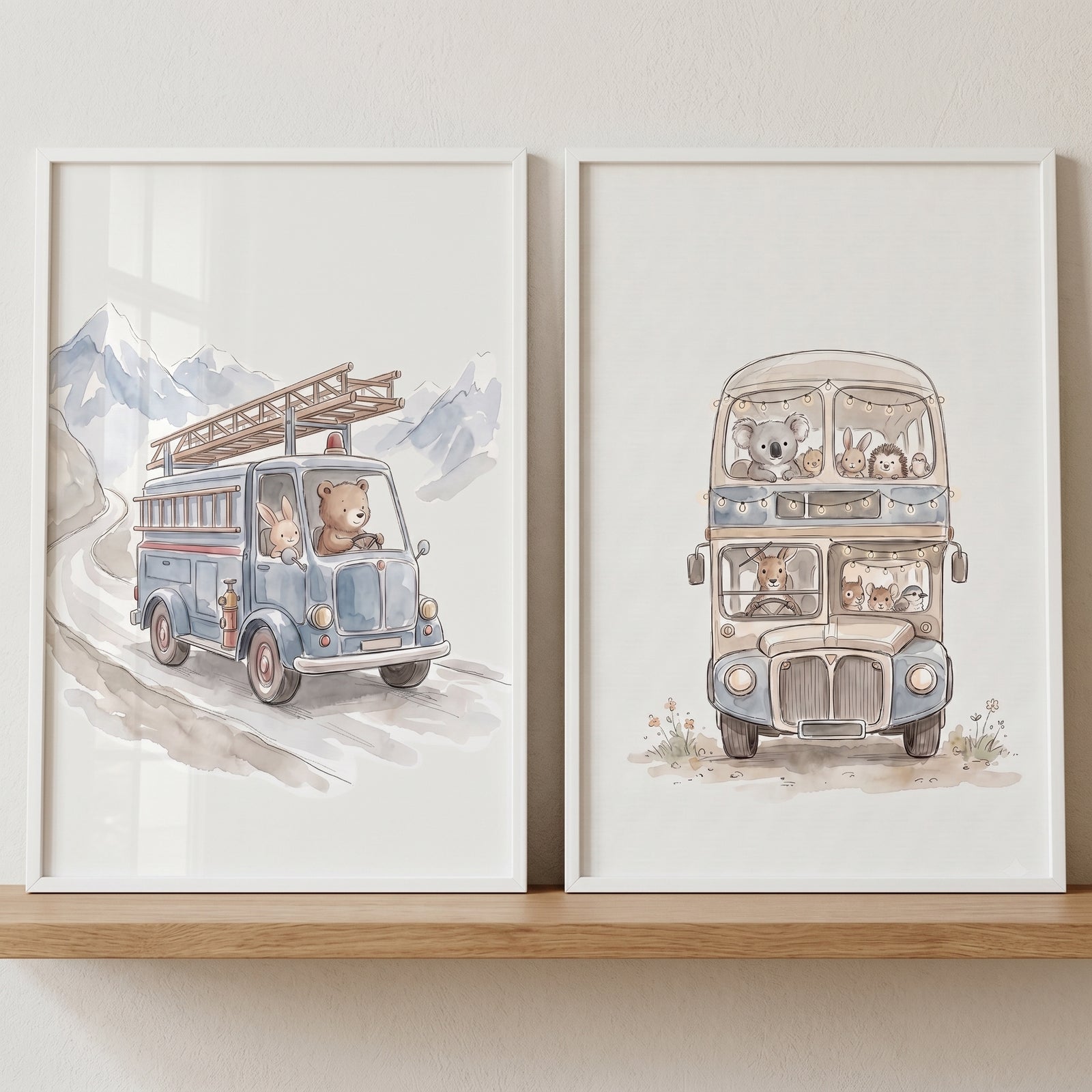 Whimsical watercolor voyager animals wall art set of 2 shows a bear in a truck and animals on a double-decker bus.