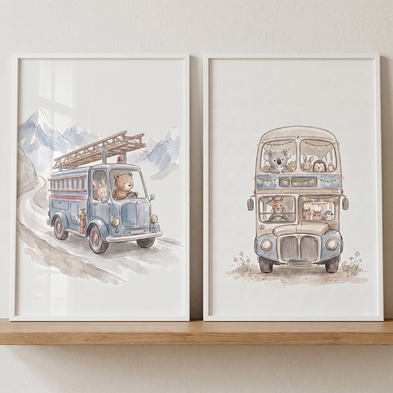 Whimsical watercolor voyager animals wall art set of 2 shows a bear in a truck and animals on a double-decker bus.
