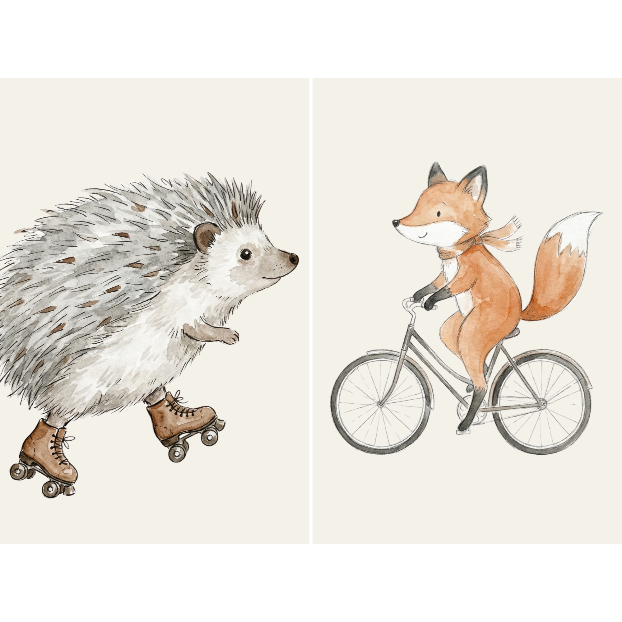 Whimsical Watercolor Woodland Animals Wall Art Set of 2 - Whimsical Forest Friends