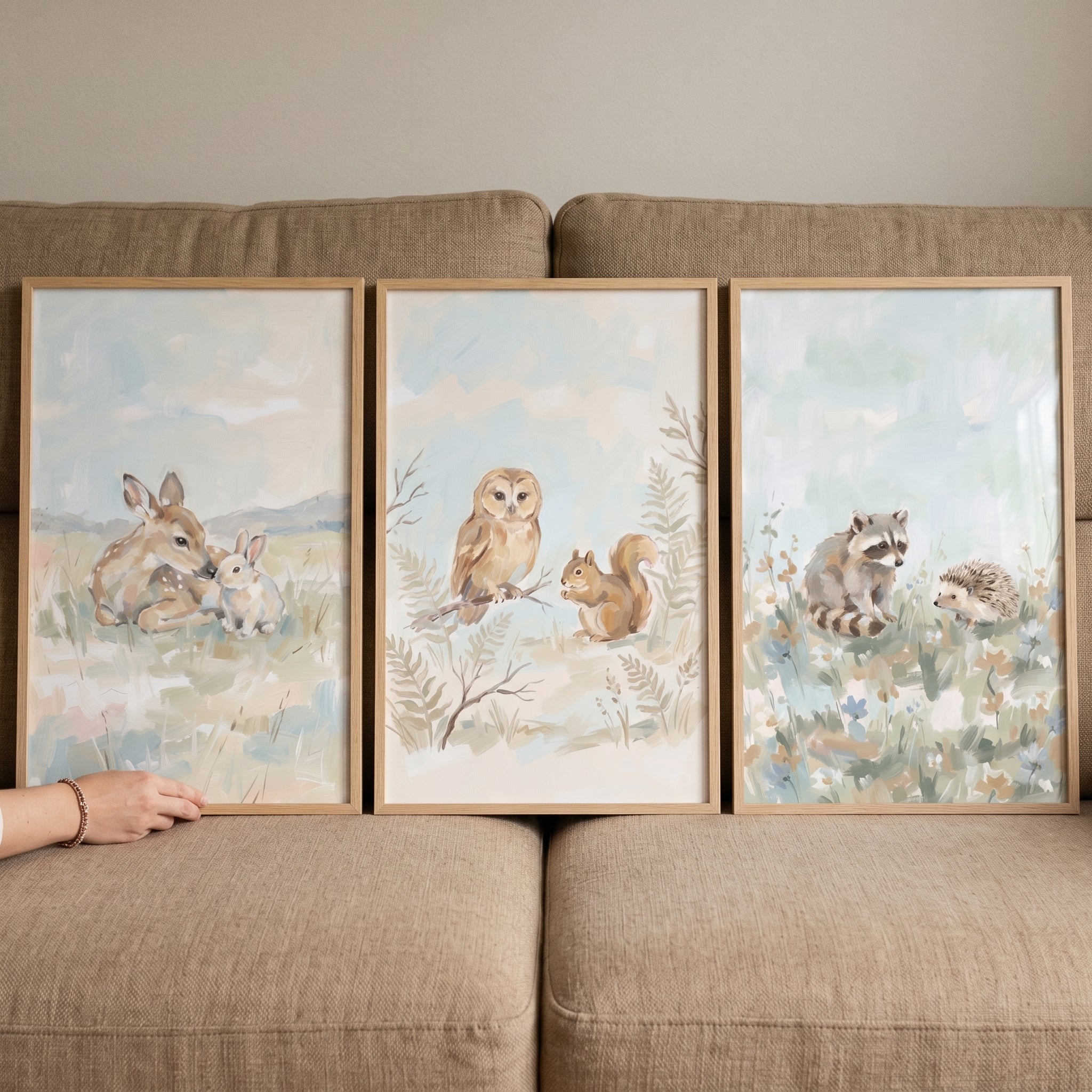 Whimsical Watercolor Woodland Animals Wall Art Set Of 3 - Soft Nature Trio