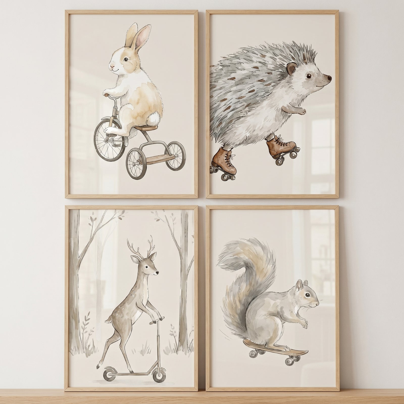 Whimsical wheeled woodland animals wall art set of 4: rabbit on trike, hedgehog on skates, deer on scooter, squirrel skating.