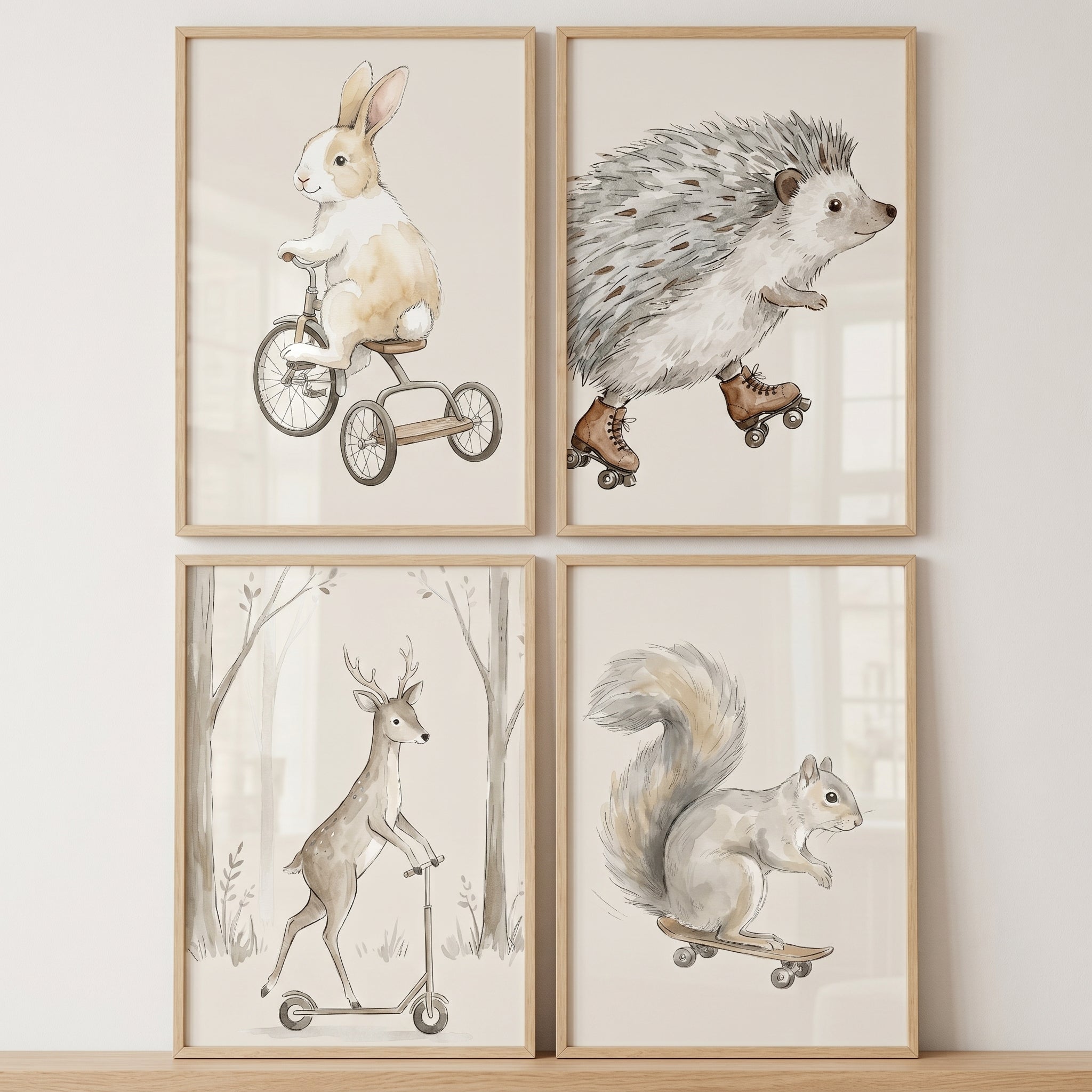 Whimsical Wheeled Woodland Animals Wall Art Set of 4 - Whimsical Woodland Rides