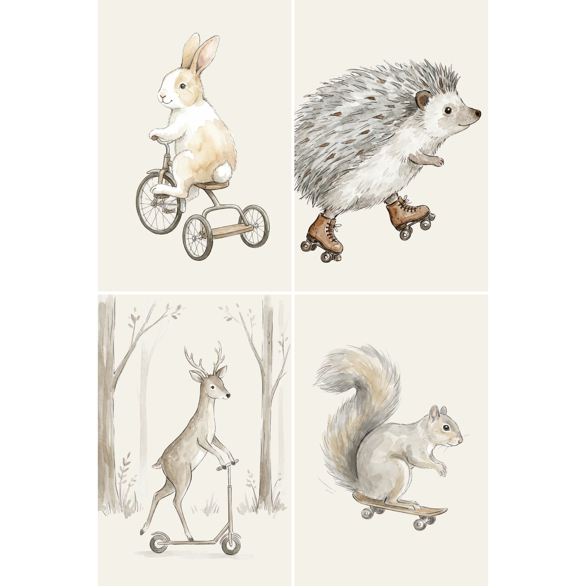 Whimsical Wheeled Woodland Animals Wall Art Set of 4 - Whimsical Woodland Rides