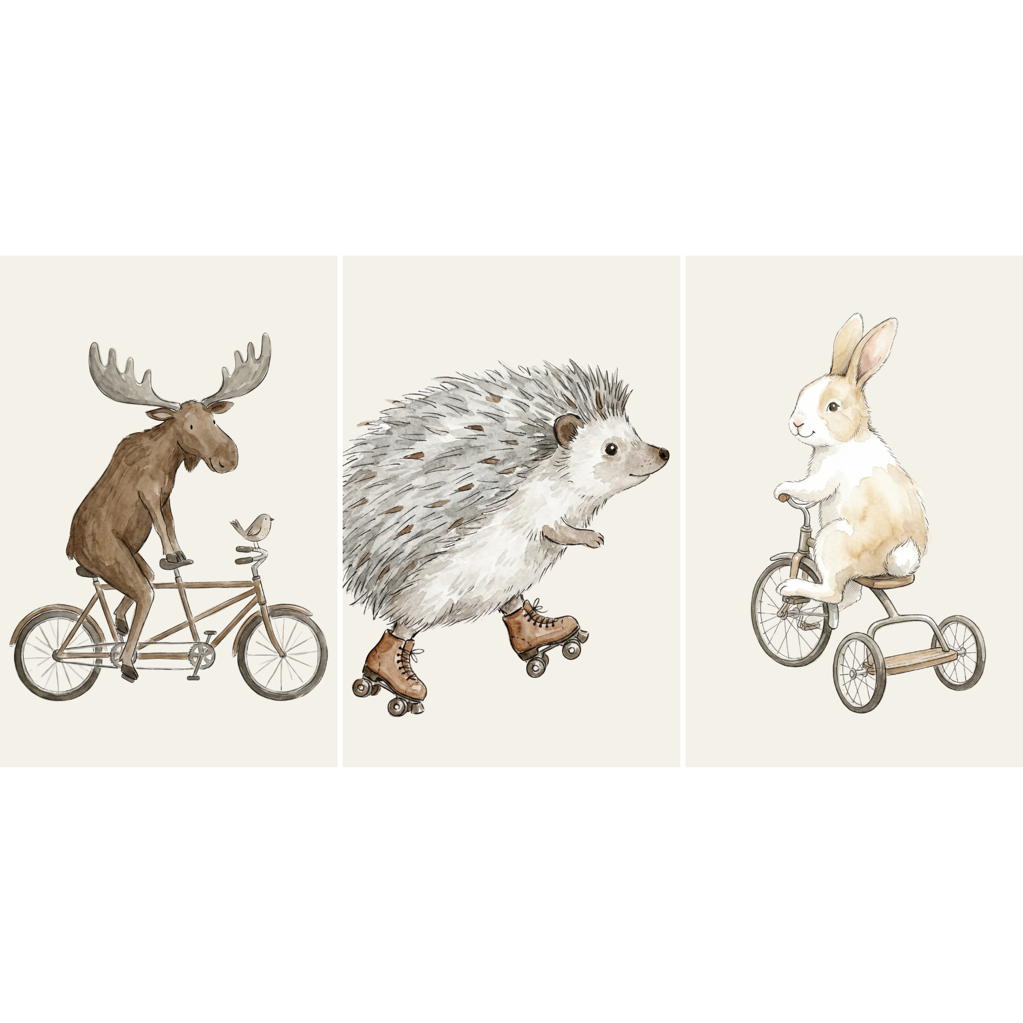 Whimsical Wheeling Woodland Animals Wall Art Set of 3 - Woodland Wheel Fun