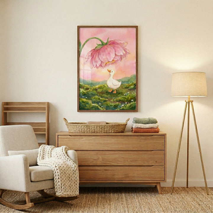 A serene nursery features a large framed illustration of a small white duckling looking up at a giant pink flower against a sunset sky. Below it sits a light wood dresser with a woven basket and folded linens. To the left is a modern rocking chair with a chunky knit blanket, and to the right is a tripod floor lamp with a neutral shade. The room is decorated in soft tones with a textured rug on the floor, creating a warm and inviting atmosphere.