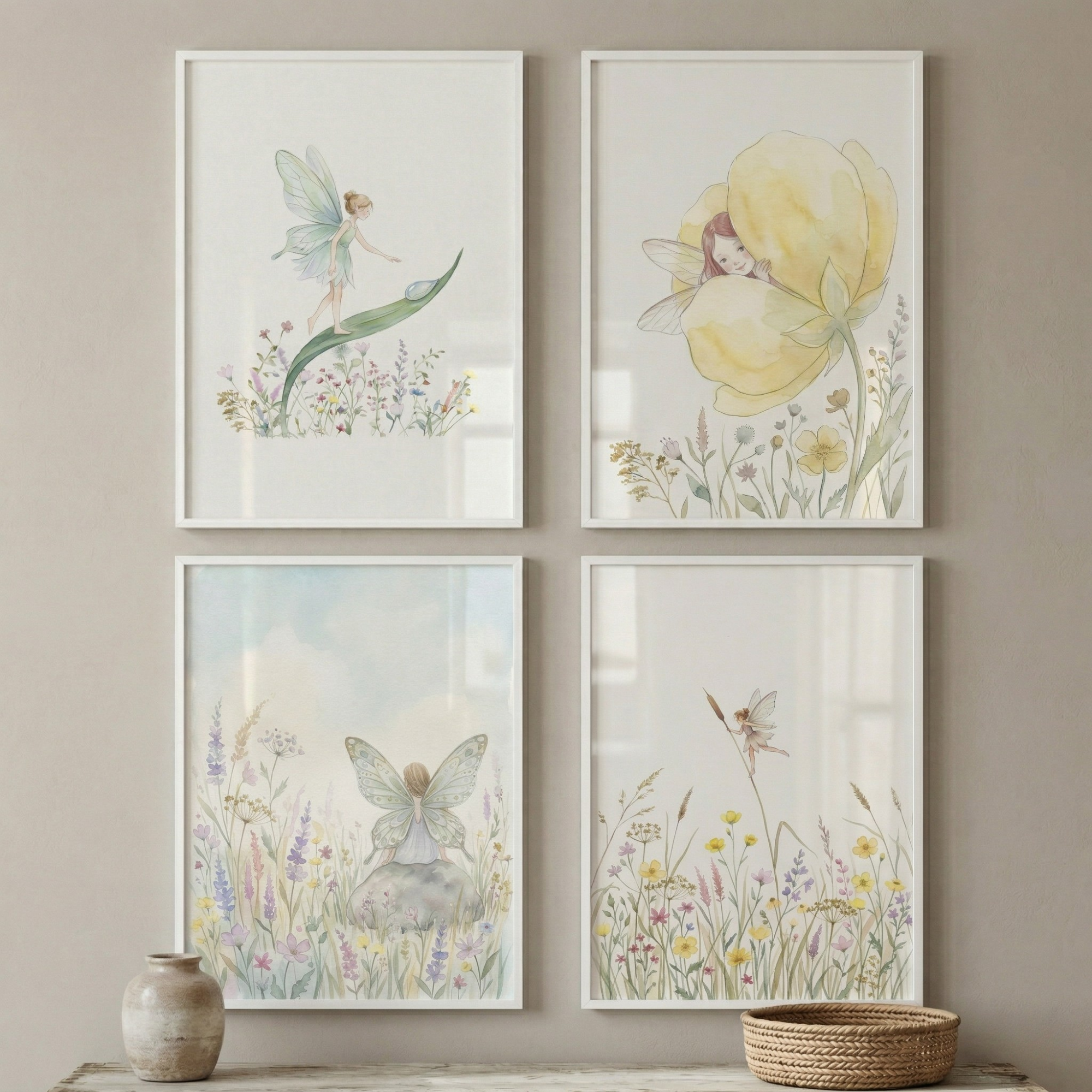 Whimsical Wildflower Fairies Wall Art Set of 4 - Delicate Blossom Fairies
