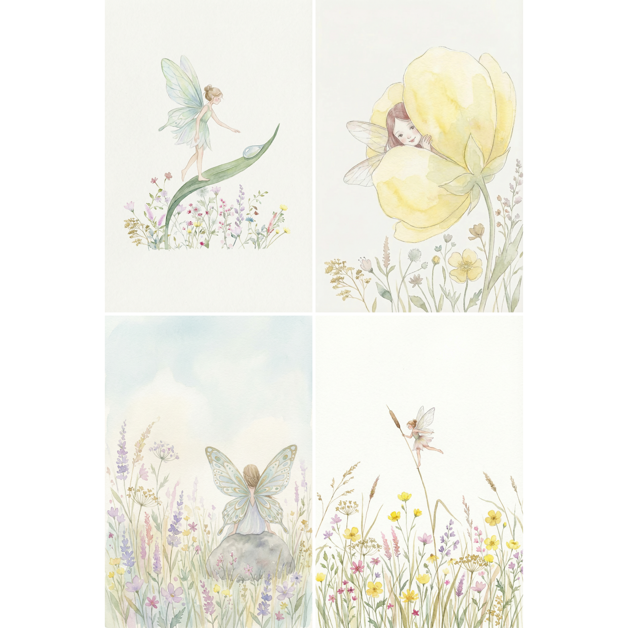 Whimsical Wildflower Fairies Wall Art Set of 4 - Delicate Blossom Fairies