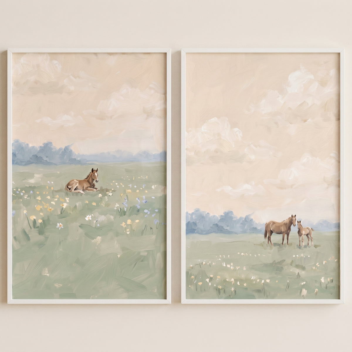 Whimsical wildflower field horse wall art set of 2 showing soft illustrations of horses in a floral meadow.