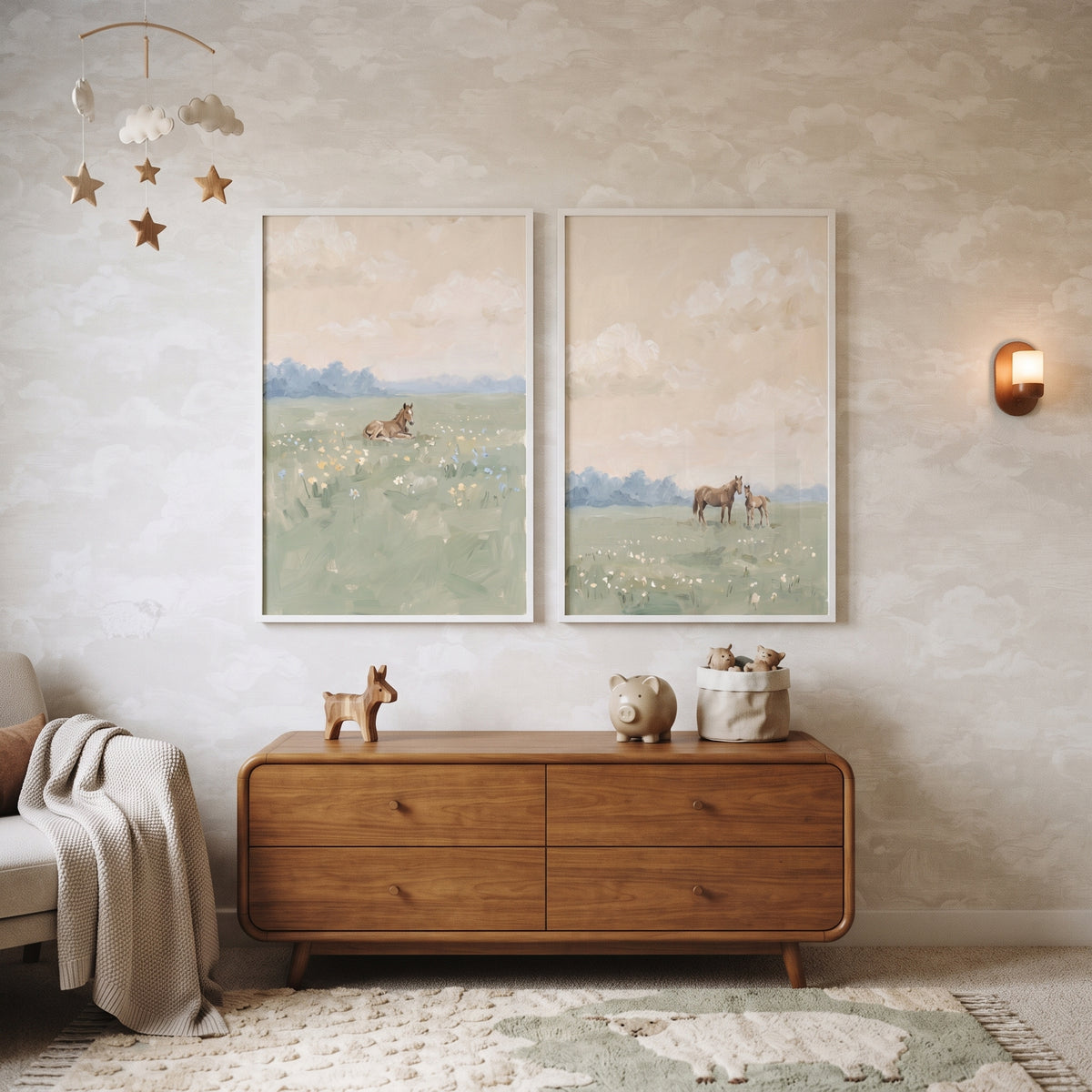 Whimsical Wildflower Field Horse Wall Art Set of 2 - Gentle Foal Morning