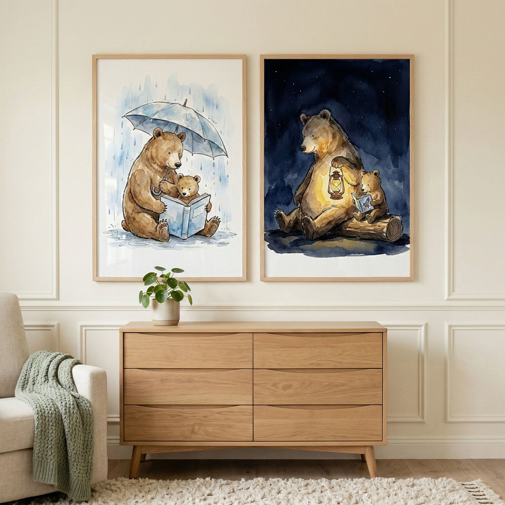 Whimsical Woodland Cub Wall Art Set of 2 - Cozy Reading Bears