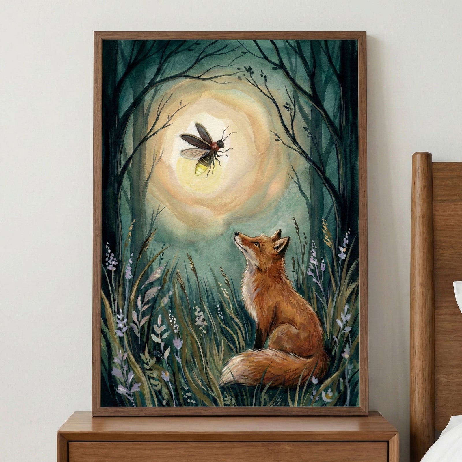A framed storybook-style illustration of a fox sitting in tall grass within a quiet forest, gazing up at a glowing firefly hovering in a soft halo of light, surrounded by slender tree branches and muted green tones that create a calm, magical woodland mood.