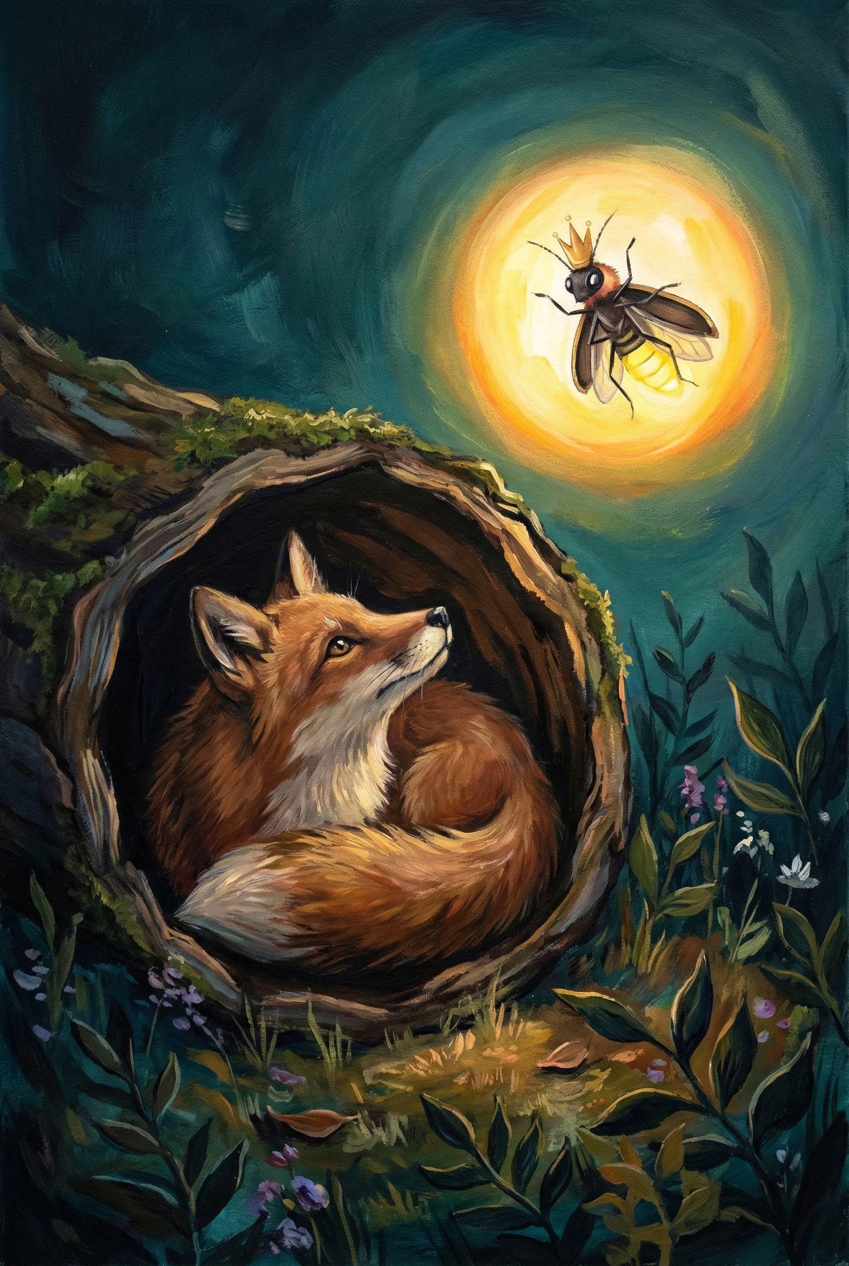A dreamy storybook illustration of a fox curled inside a hollow tree at night, softly illuminated as it looks up at a glowing crowned firefly hovering in a golden halo, surrounded by deep teal shadows, forest plants, and a calm, magical woodland atmosphere.