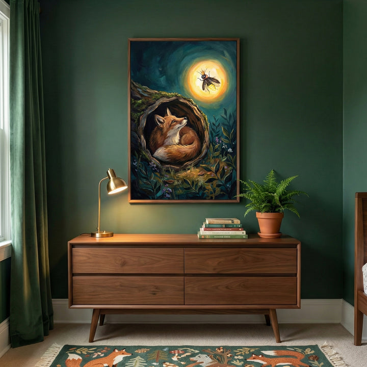 A cozy woodland-themed bedroom or nursery with deep green walls, featuring a framed illustration of a fox curled inside a hollow tree and gazing up at a glowing crowned firefly, styled above a wooden dresser with a brass lamp, stacked books, a potted fern, and soft natural light for a warm, magical atmosphere.