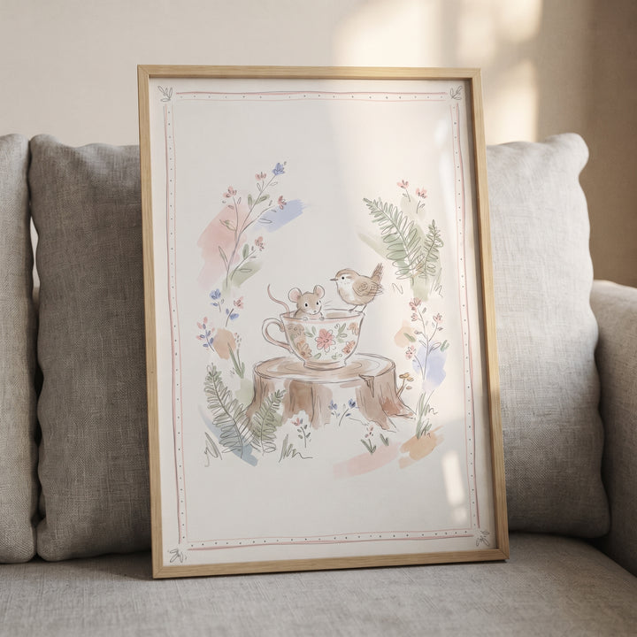 Framed whimsical woodland teacup mouse artwork featuring a mouse and bird on a stump among flowers and ferns.