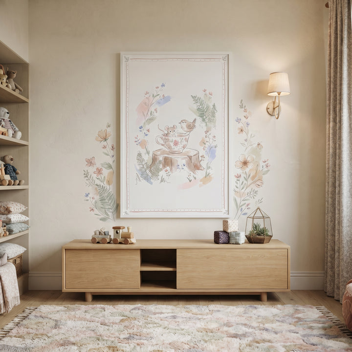 Whimsical woodland teacup mouse artwork hangs in a soft nursery above a wooden sideboard with floral wall decals and toys.