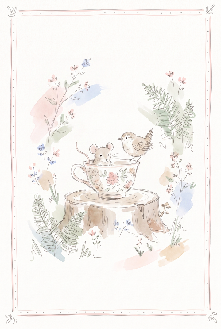 Whimsical woodland teacup mouse artwork with a mouse inside a floral cup and a bird on the rim atop a tree stump.