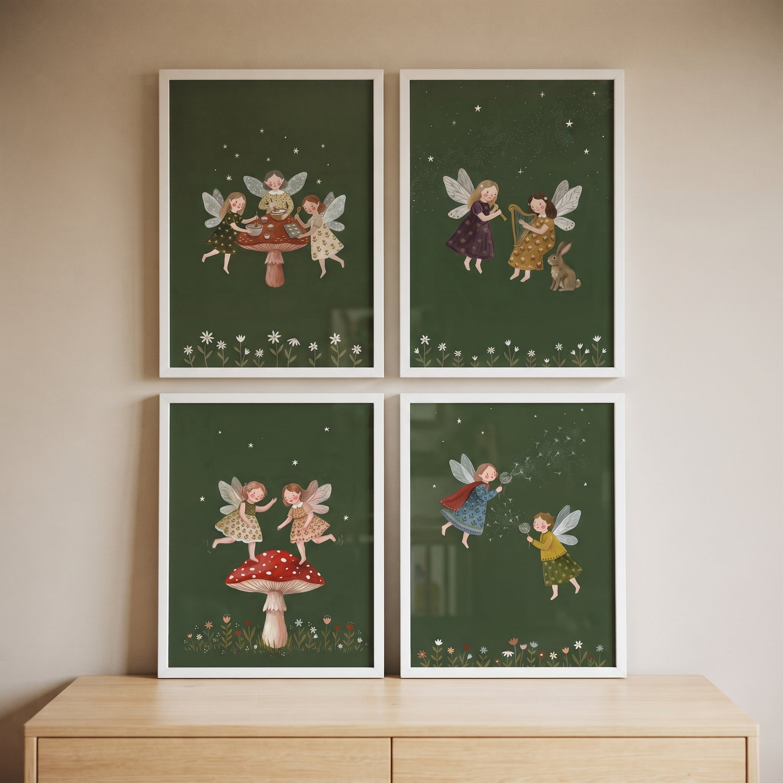 Whimsical woodland winged fairies wall art set of 4 on dark green backgrounds hanging above a light wooden dresser.