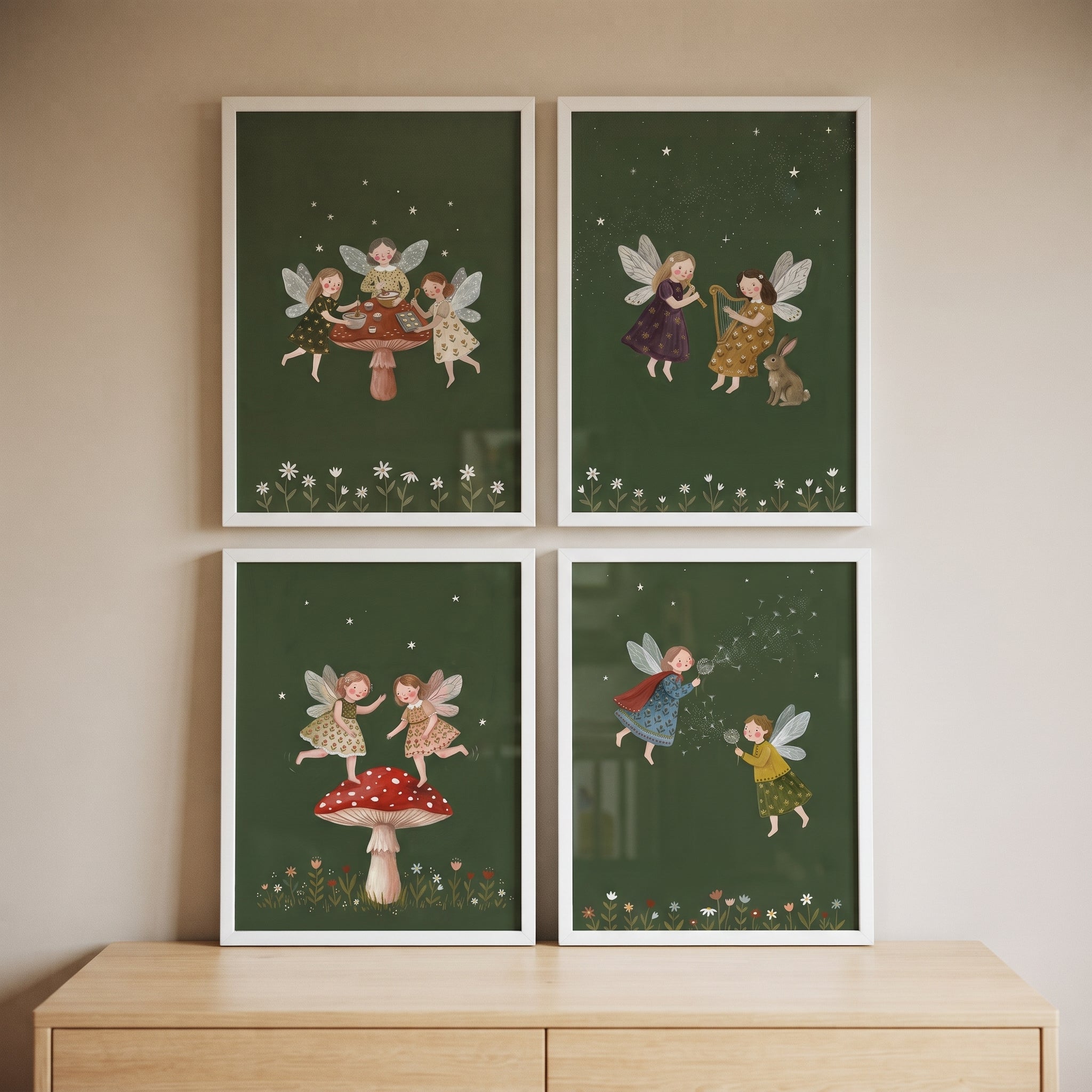Whimsical Woodland Winged Fairies Wall Art Set of 4 - Magical Woodland Sprites