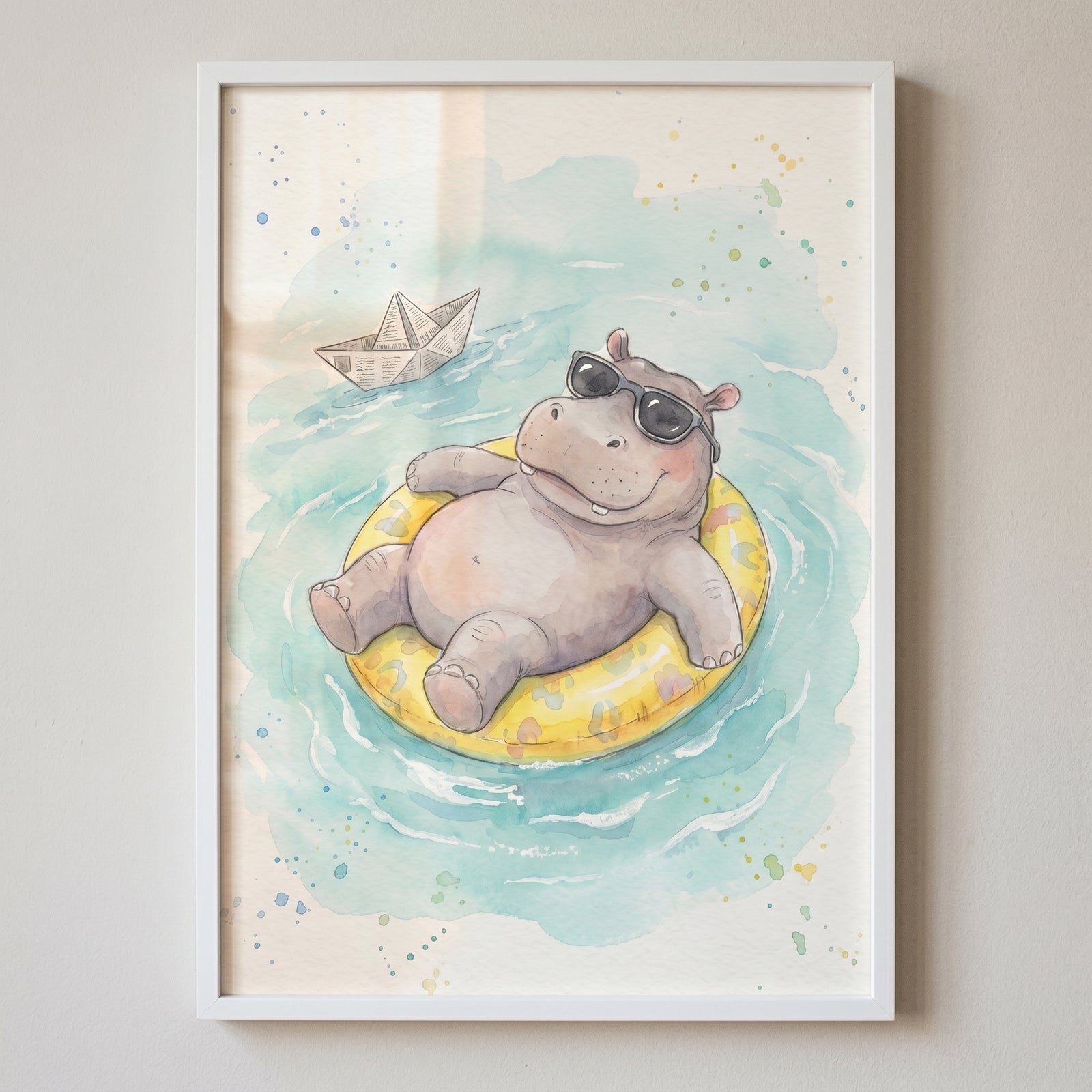 Whimsical yellow floatie hippo artwork of a cute hippo in sunglasses and a paper boat on light blue water.