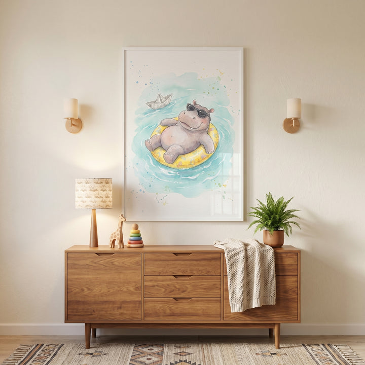 Whimsical yellow floatie hippo artwork hangs above a wooden dresser with a lamp and potted plant in a nursery.