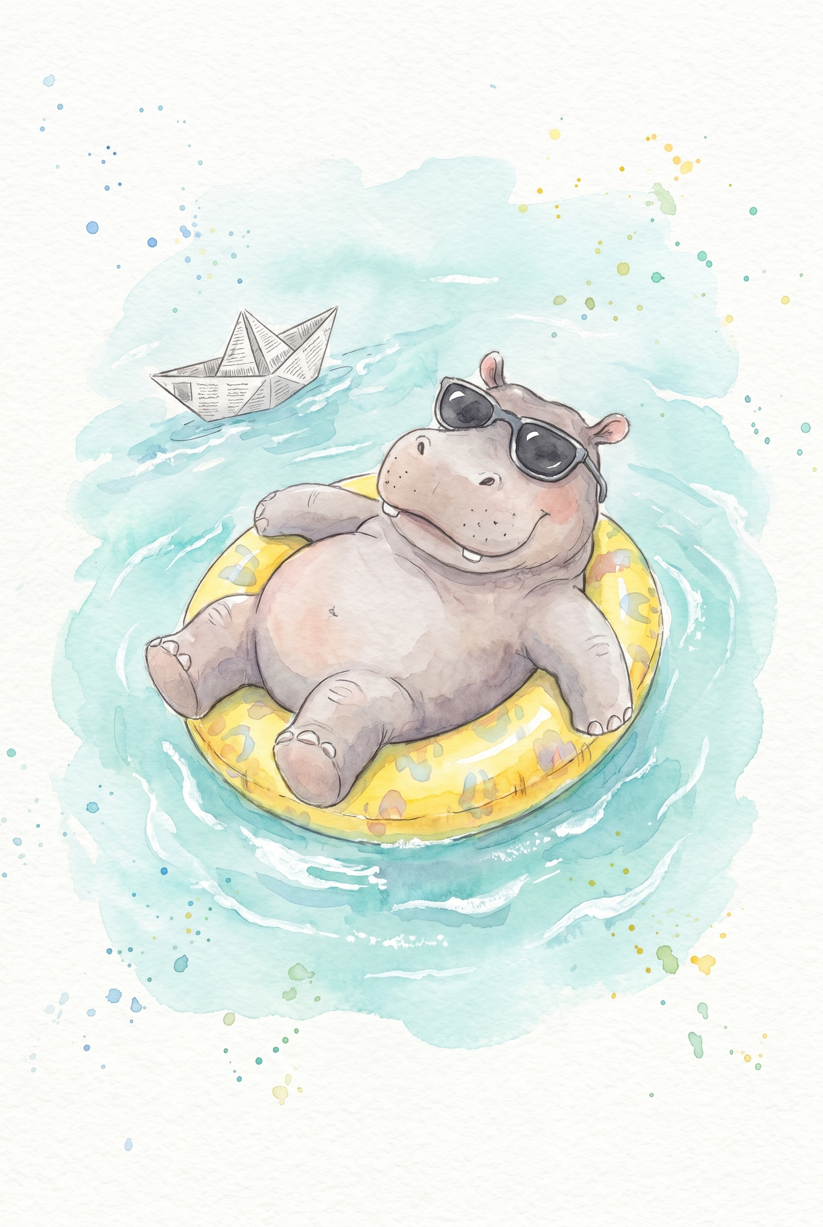 Whimsical Yellow Floatie Hippo Artwork - Happy Floating Hippo
