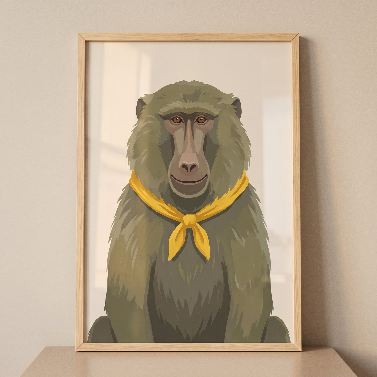 Whimsical yellow scarf baboon wall art displays a grey baboon wearing a knotted yellow scarf in a light wood frame.