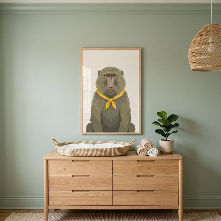 Whimsical yellow scarf baboon wall art hangs over a wooden dresser and changing basket against a sage green wall.