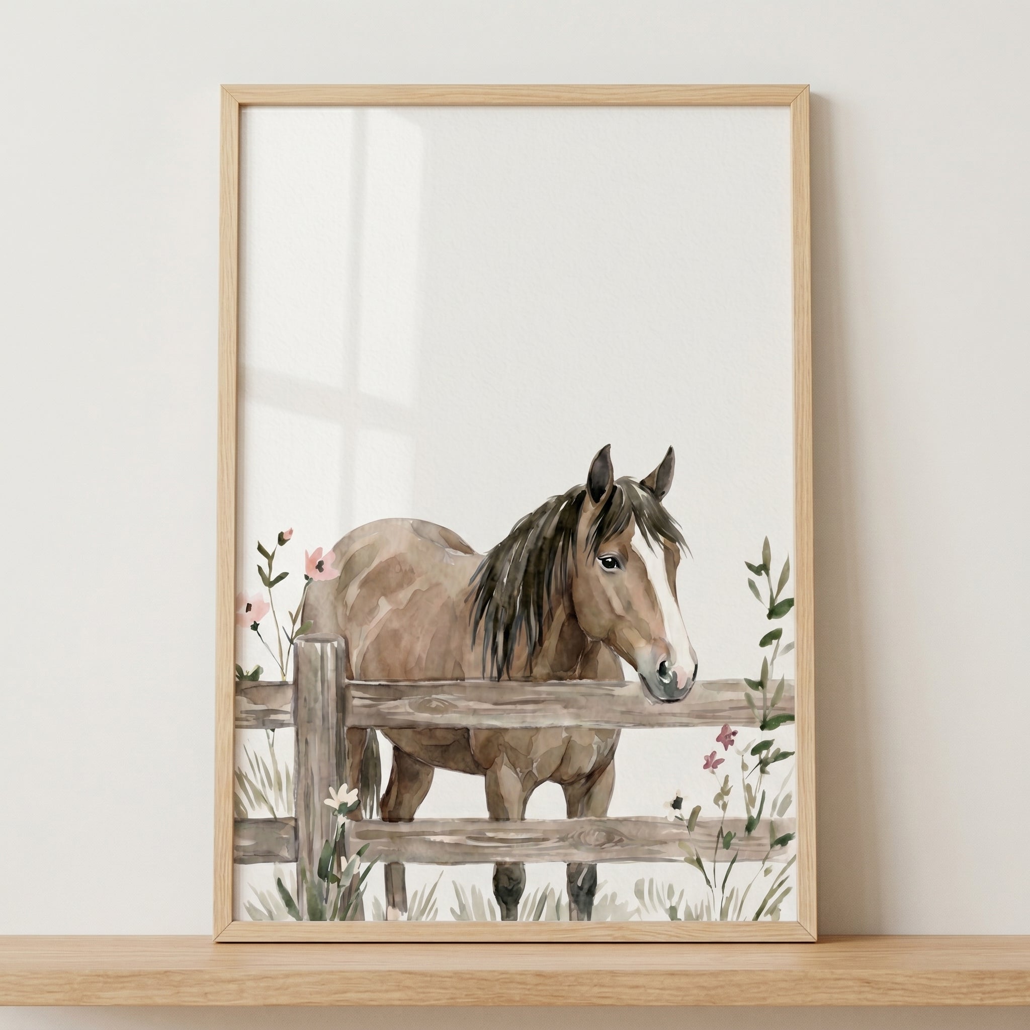 White Blaze Brown Horse Artwork - Rustic Farm Horse