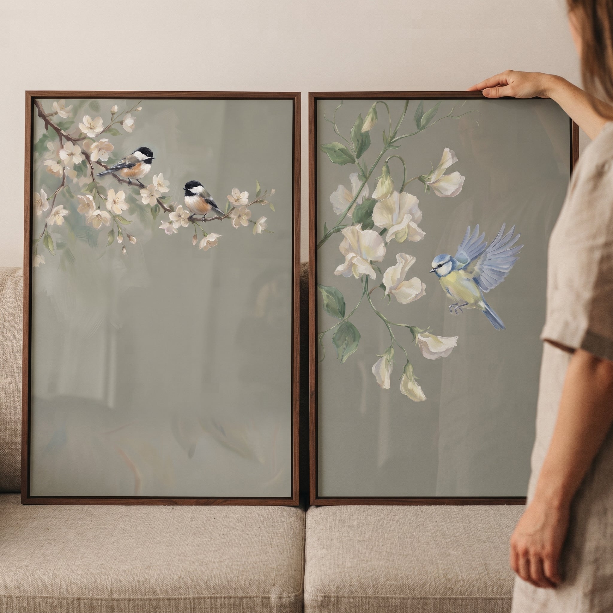 White Blossom Garden Bird Wall Art Set of 2 - Springtime Songbirds
