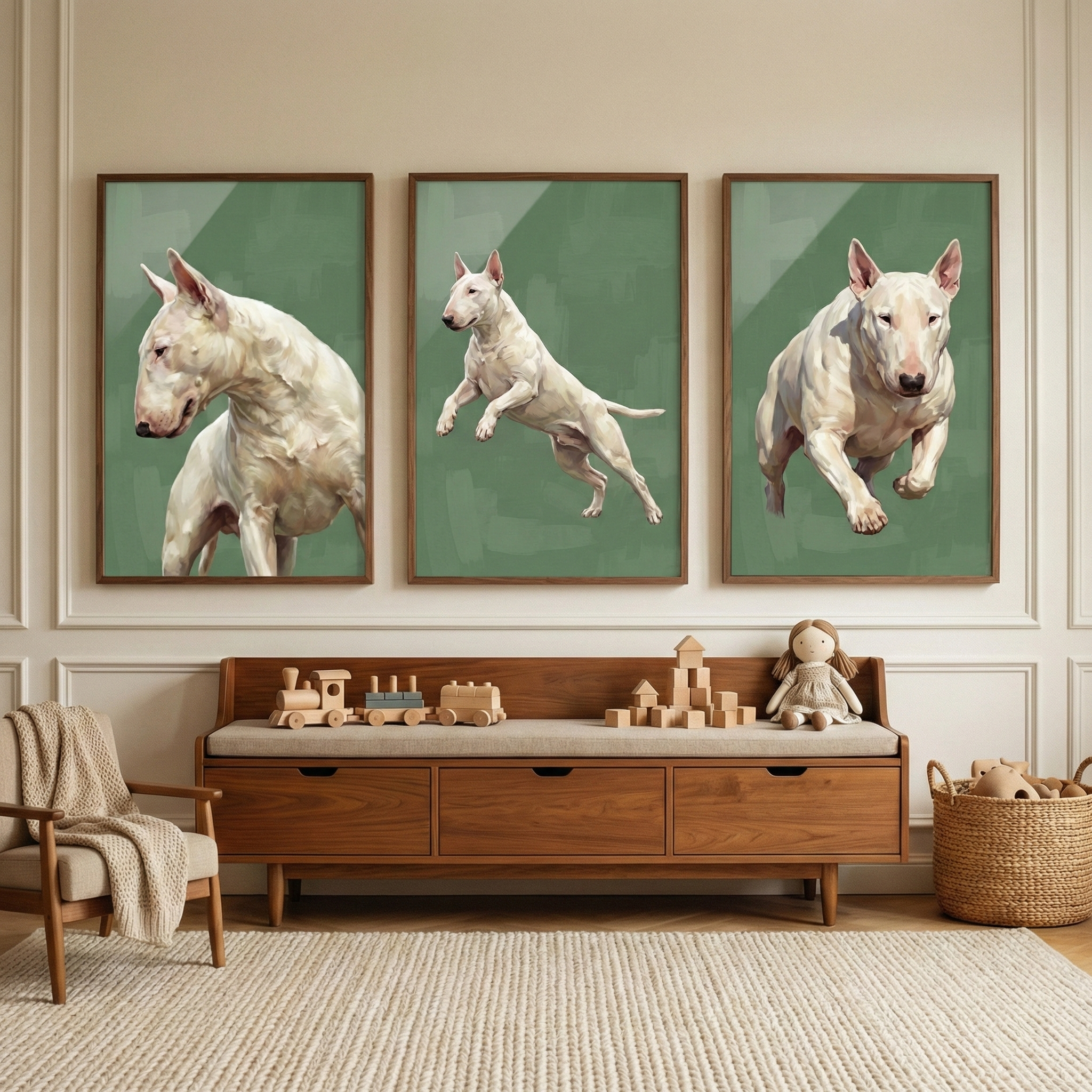 White Bull Terrier Artwork Set of 3 - Bull Terrier Trio