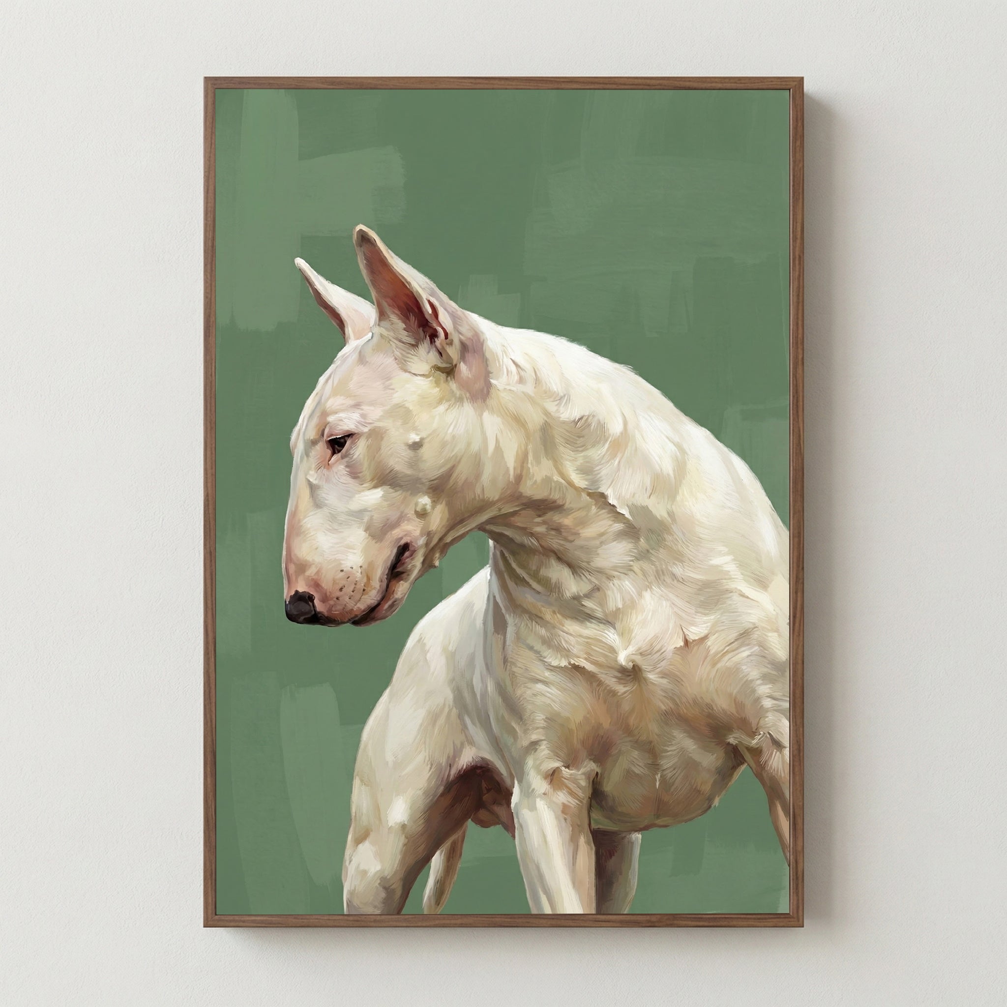 Framed painting of a white Bull Terrier with a muscular build, facing sideways and looking downward. The background is a flat, muted green, which contrasts with the soft, painterly texture of the dog’s fur, creating a bold yet elegant composition.