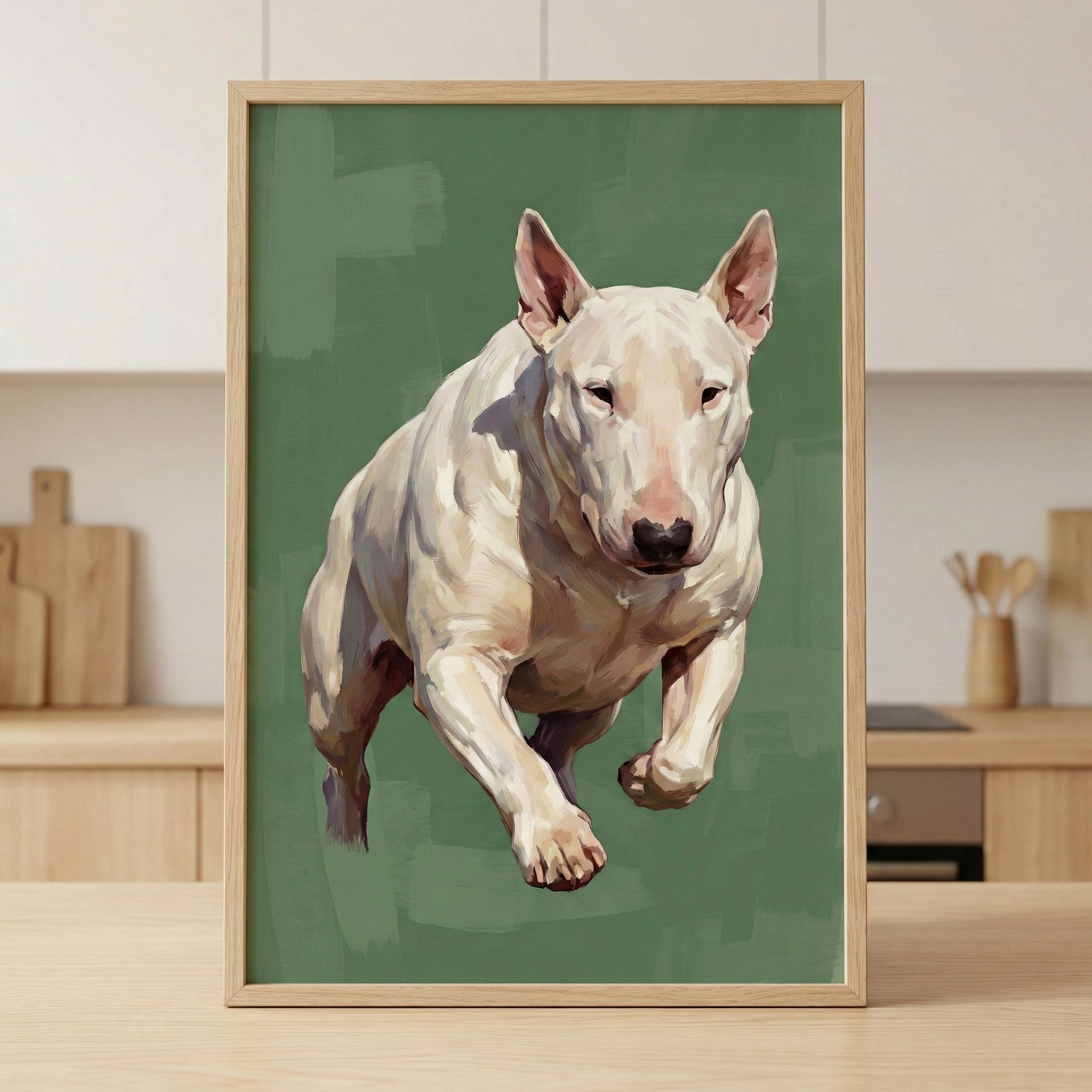 Framed painting of a white Bull Terrier in mid-leap, captured with a dynamic pose and muscular detail. The dog appears to be energetically bounding forward against a flat, muted green background. The artwork rests on a light wood surface in a minimal kitchen setting, with soft lighting and neutral decor elements in the background, enhancing the painting’s lively presence.