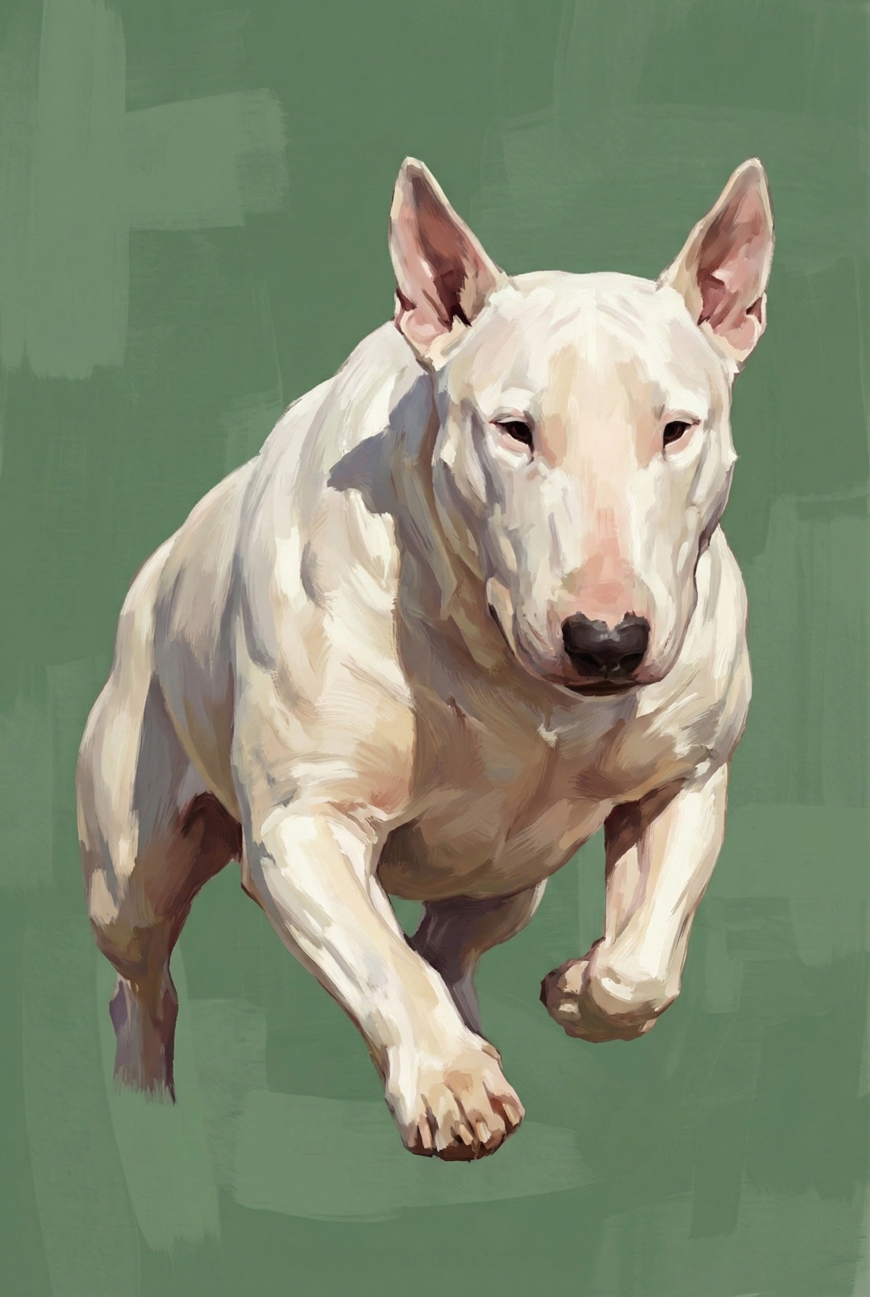 Close-up digital painting of a white Bull Terrier in mid-air, captured in a dynamic leaping pose. The muscular dog is painted with realistic brushstrokes, highlighting its strength and agility. The background is a flat, textured green, which contrasts with the dog's pale fur and adds visual depth to the energetic composition.