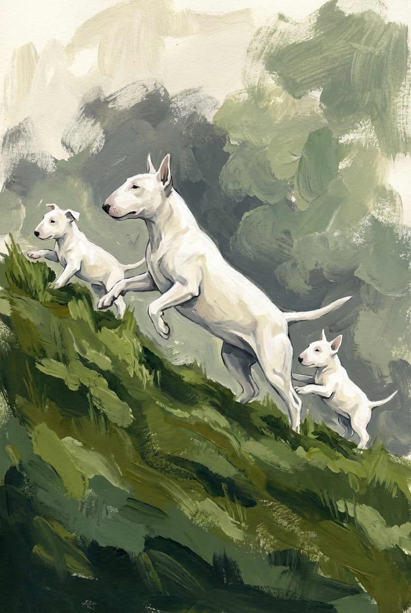 Three white bull terriers energetically climb a steep green hillside. Bold brushstrokes and soft forest colors give this stylized artwork a sense of motion and unity.
