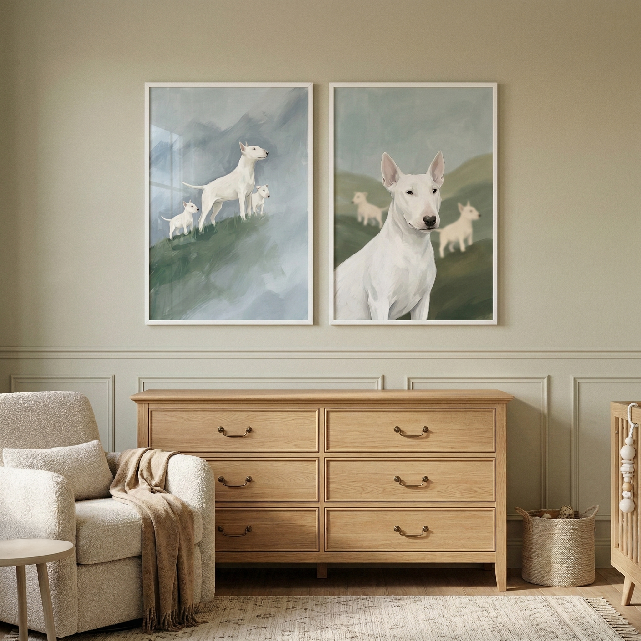 White Bull Terrier Family Wall Art Set of 2 - White Terrier Family