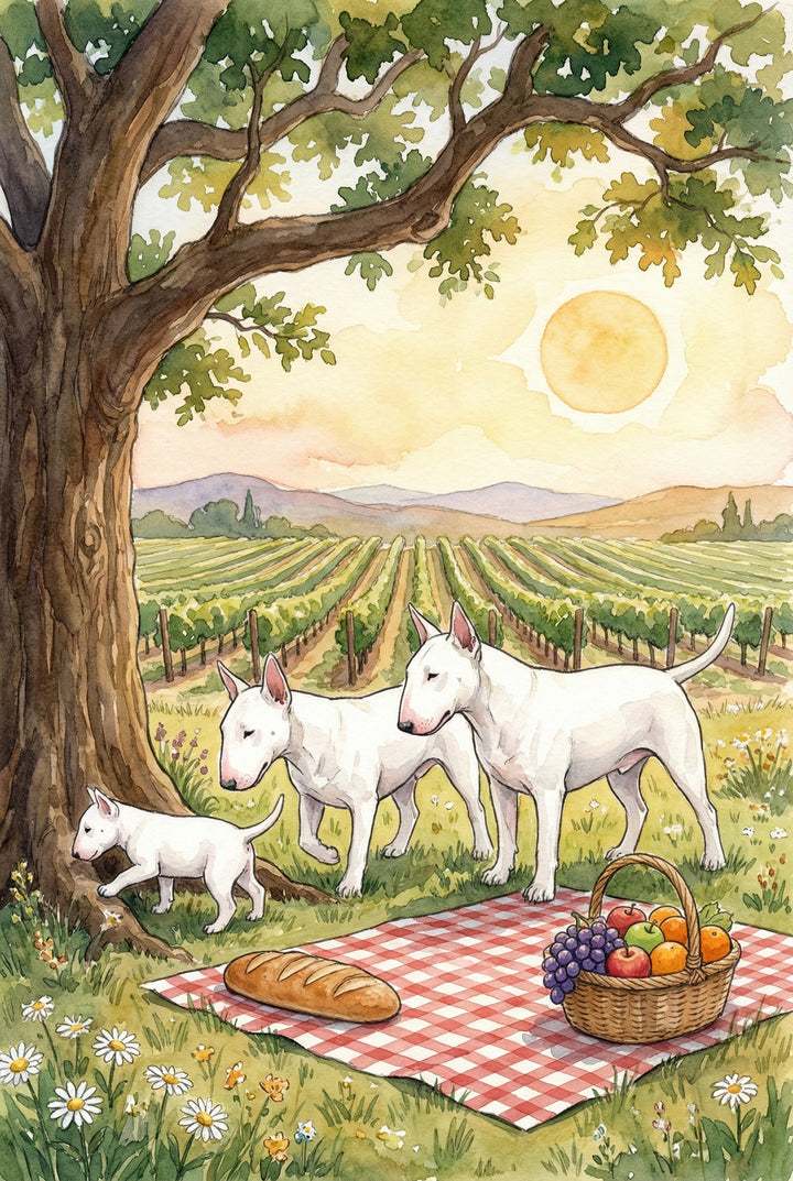 Bull terrier family pauses near a large oak tree beside a picnic spread with a red-checkered blanket, basket of fruit, and a loaf of bread. Vineyard rows stretch into the golden sunset in the distance.

