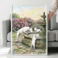 A watercolor illustration in a white frame depicts three white, muscular dogs with distinctive egg-shaped heads and pointed ears gathered around an ornate stone fountain. One large dog leans down to the water, while a small puppy stands on its hind legs to see inside. A third dog watches from the background. The fountain is weathered with moss and surrounded by lush flowering pink bushes. The scene is set in a peaceful garden with a stone path under a soft, golden sky.