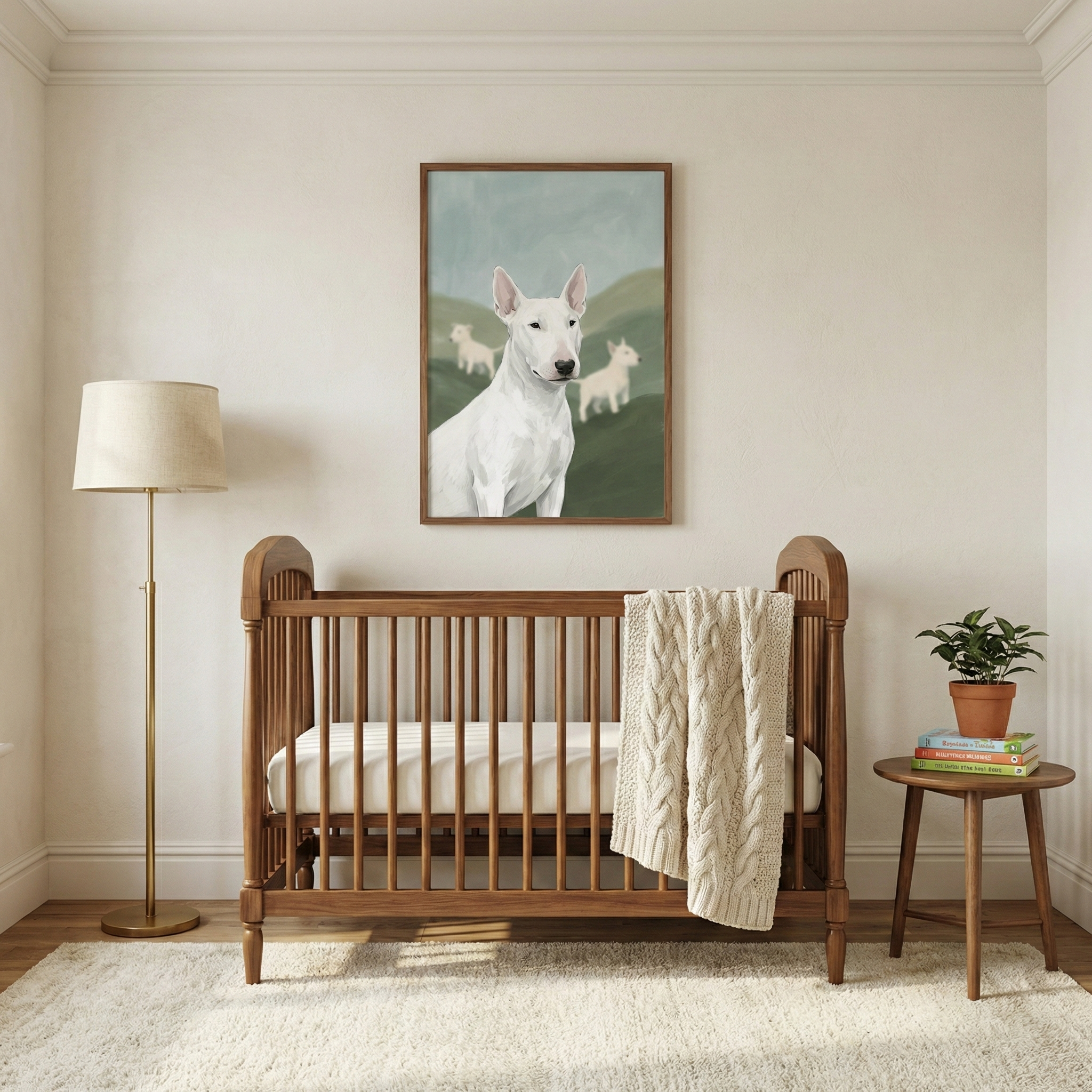 A serene nursery features a medium-toned wooden crib with a cream-colored chunky knit blanket draped over its rail. Hanging above the crib is a large framed illustration of three white dogs with distinctive pointed ears standing in a landscape of green rolling hills. To the left of the crib is a slender brass floor lamp with a neutral shade. To the right, a small wooden side table holds a stack of colorful books and a potted plant. The room is finished with a light-colored textured rug.