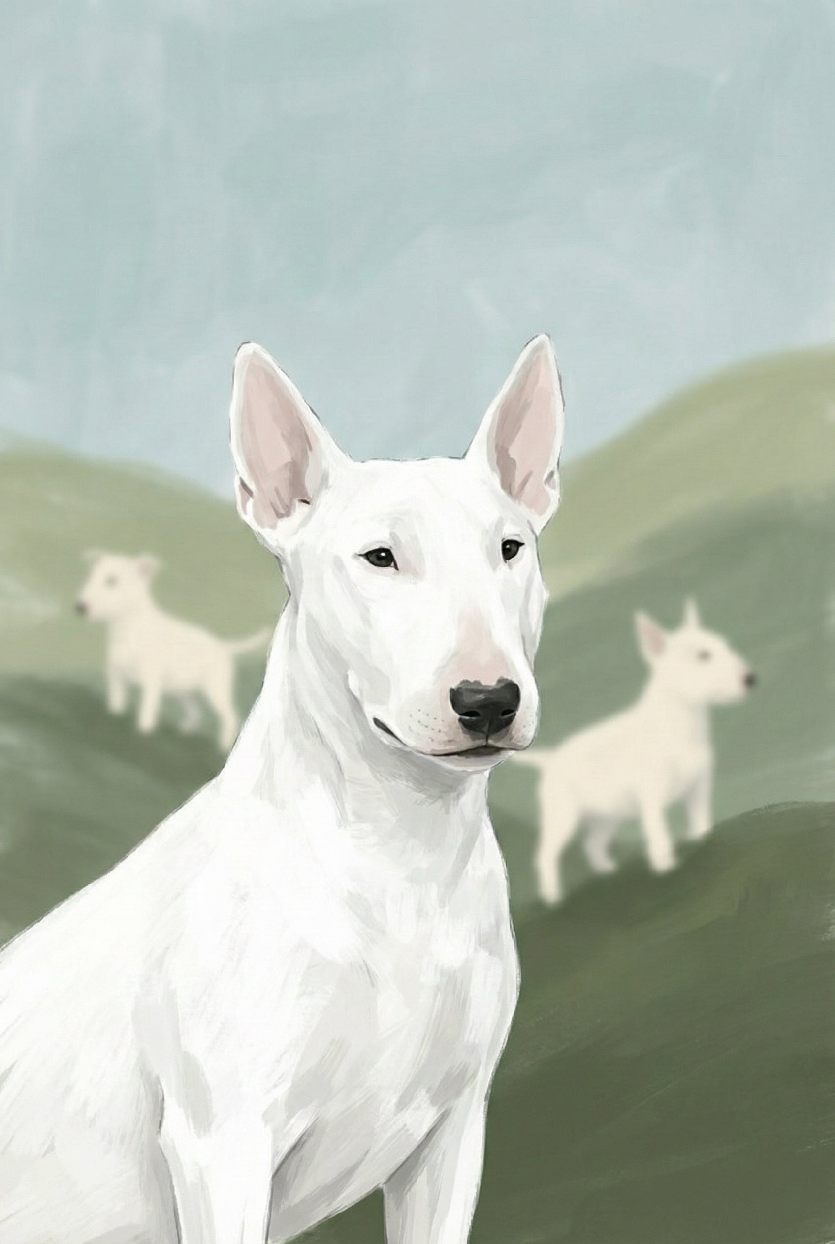 A close-up portrait of an alert white bull terrier with two puppies blurred in the green hills behind. The soft painted style highlights the calm strength of the central figure.
