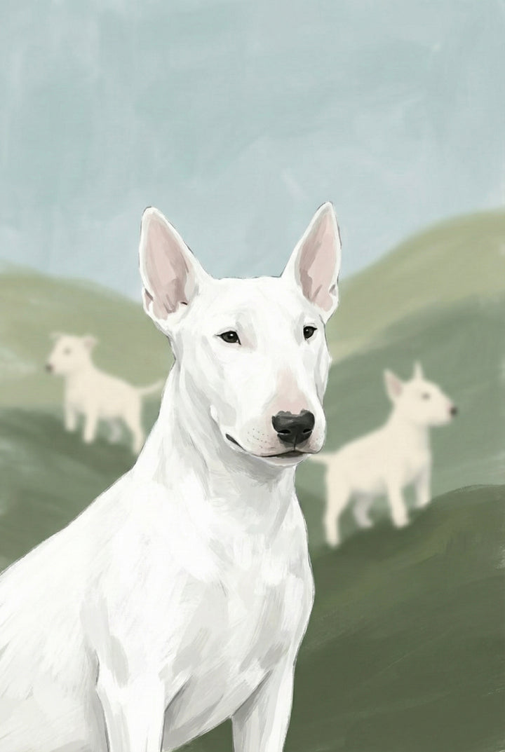 A close-up portrait of an alert white bull terrier with two puppies blurred in the green hills behind. The soft painted style highlights the calm strength of the central figure.
