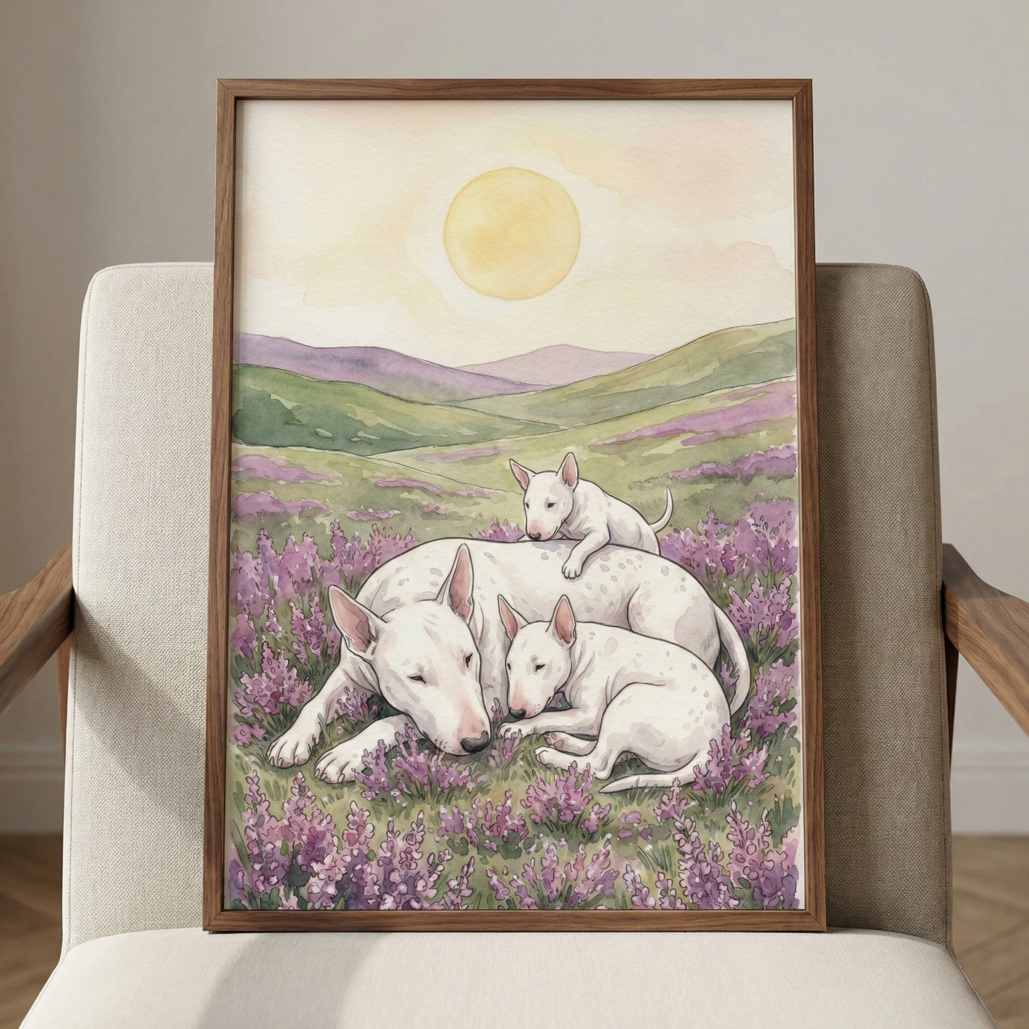 A watercolor illustration depicts a white bull terrier mother and two puppies resting in a field of purple flowers. One puppy is nestled against her, while the other perches on her back. Set against a backdrop of rolling hills and a large, soft yellow sun, the scene uses pastel tones to create a peaceful atmosphere. The artwork is shown in a thin wooden frame resting on a neutral upholstered chair, emphasizing a sense of gentle familial warmth.