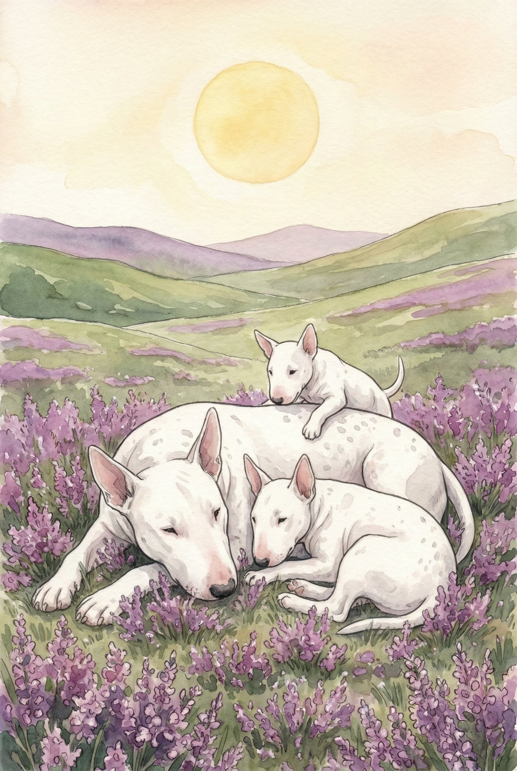 A trio of white bull terriers naps peacefully in a field of blooming lavender. One adult rests on its side while the puppy lays curled against its sibling, all beneath soft hills and a pale afternoon sun.
