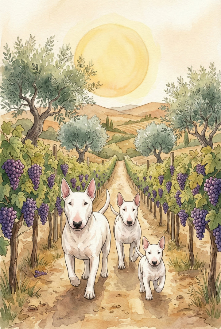 Three white bull terriers walk side by side down a dirt path lined with grapevines full of purple grapes. Olive trees and golden hills fill the background under a large glowing sun.
